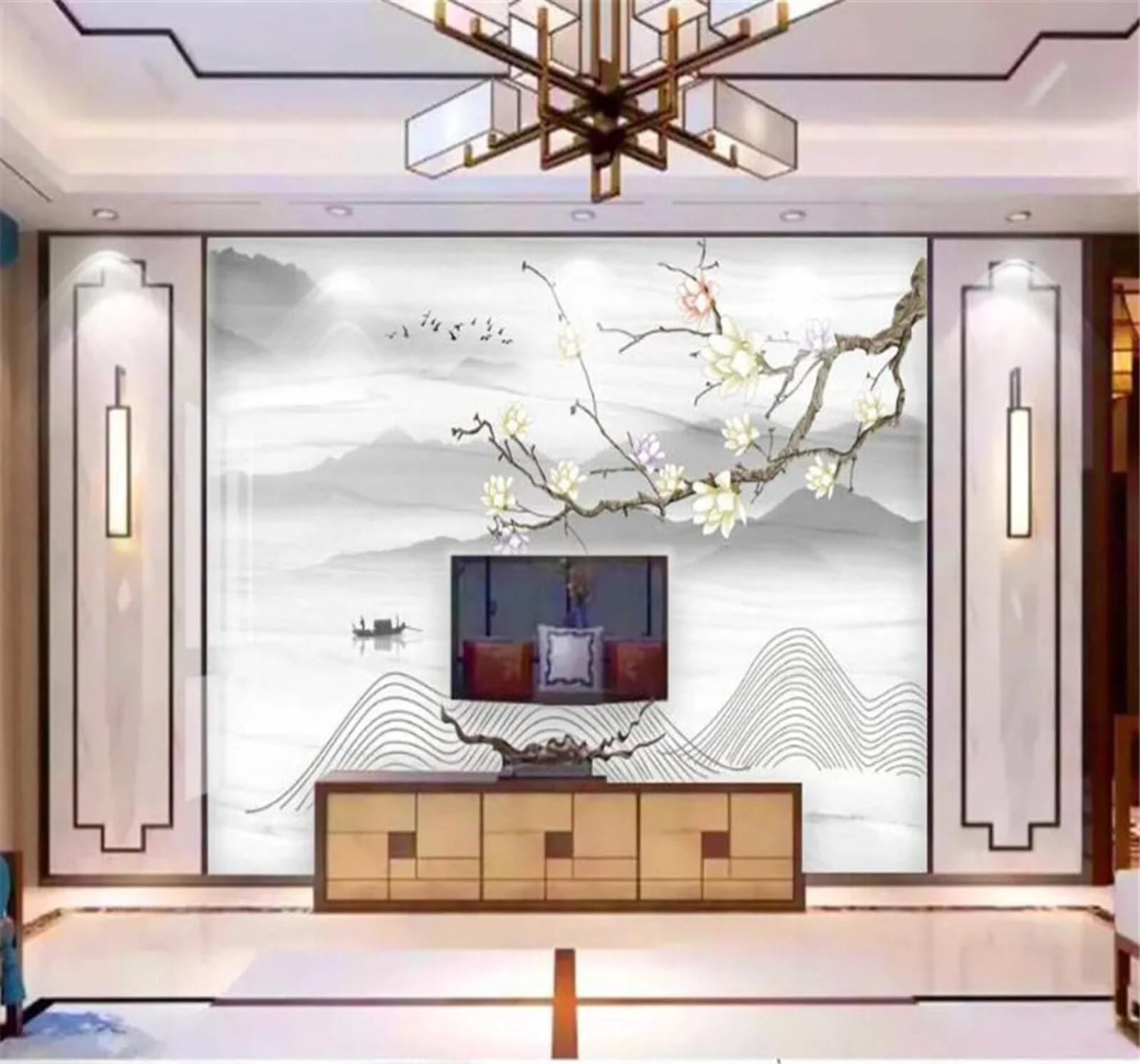 Xlming 400Cm×280Cm(B×H) Abstract Landscape Branches Flowers Flying Birds 3D Wallpaper Premium Textured Silk Study Dining Living Room Bedroom Sofa Tv Wall Easy Install-400Cm×280Cm