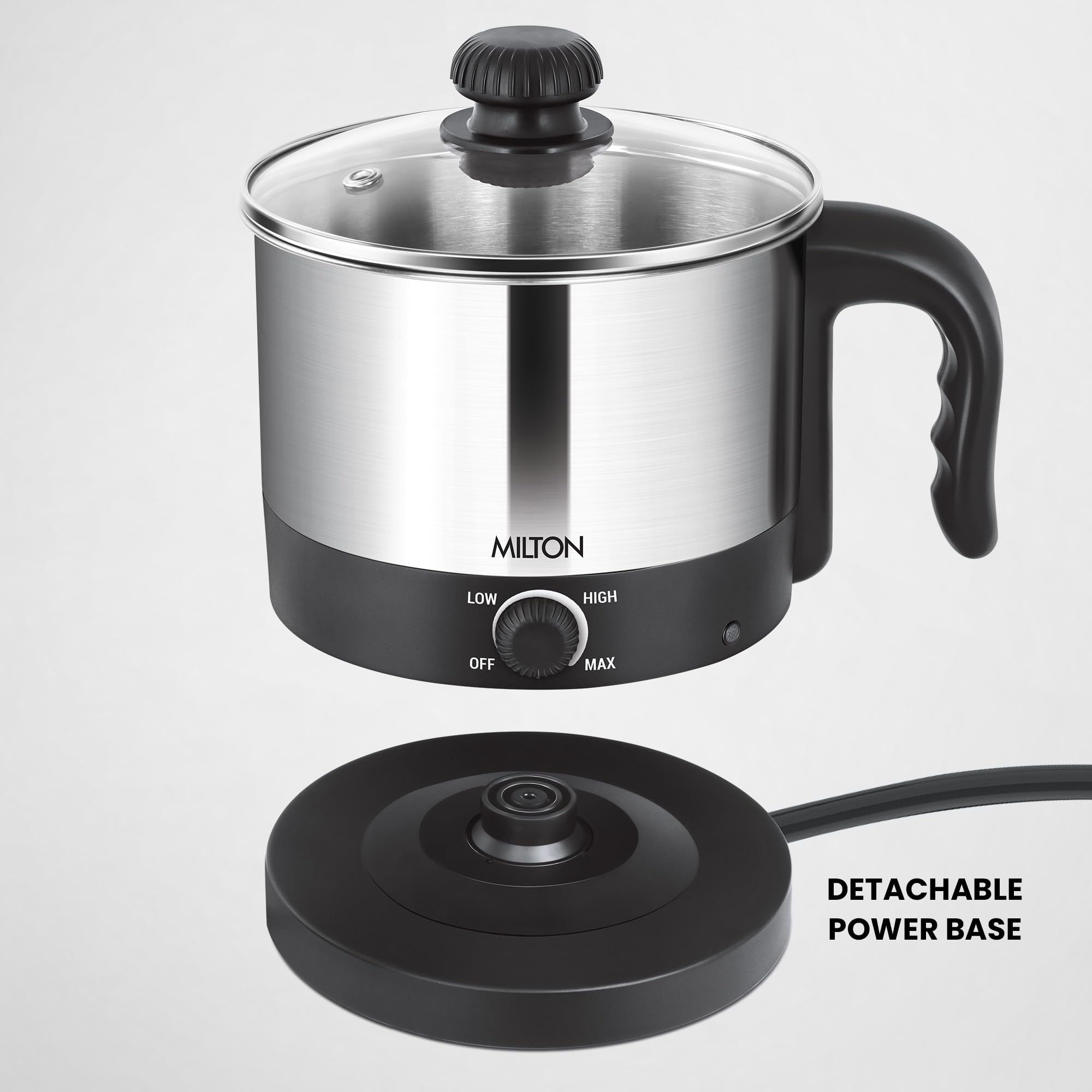 Milton Kitchen Essential Euroline Go Electro Electric Cooker With Glass Lid, 600 Watt, 1.2 Litres, Multi-Purpose Kettle Cum Steamer for Instant Noodles, Eggs, Cordless Pot