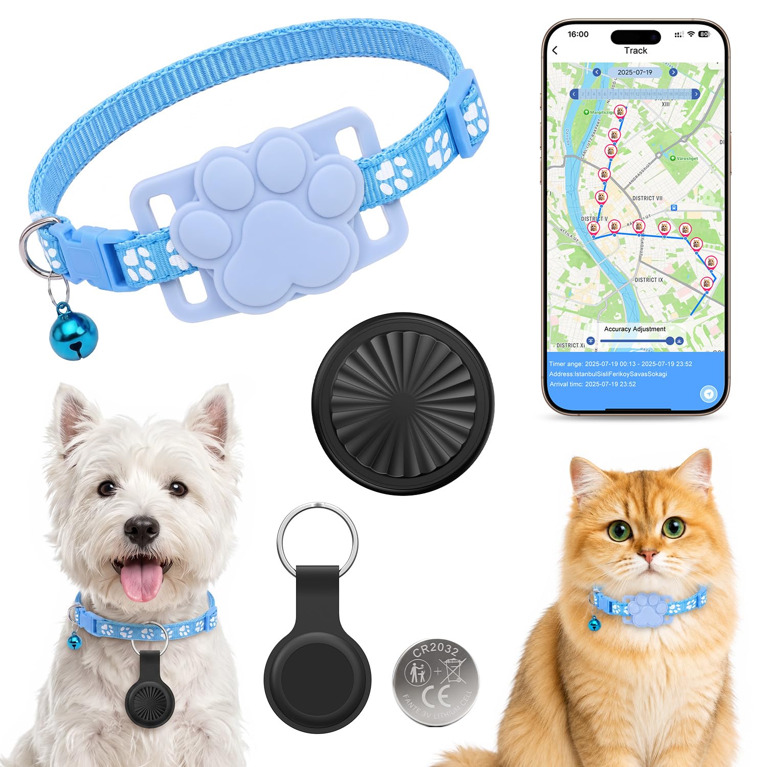 Localizador GPS para Gatos y Perros,Collar GPS Gatos Compatible con iOS y Android,Sin Suscripción,Historial de Rutas de 7 Días,Resistente al Agua IP67,Autonomía de 365 Días,Batería Reemplazable(Azul)