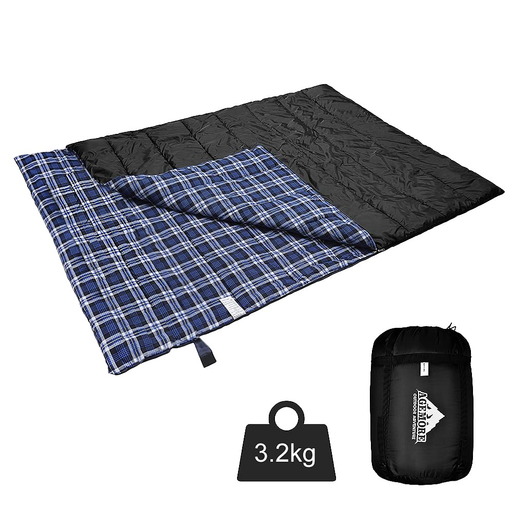 Dubbele katoenen flanelslaapzak voor kamperen, backpacken of wandelen. Queensize, 2 personen, waterdichte slaapzak voor volwassenen of tieners. Vrachtwagen, tent of slaapmat, lichtgewicht (zwart/oranje