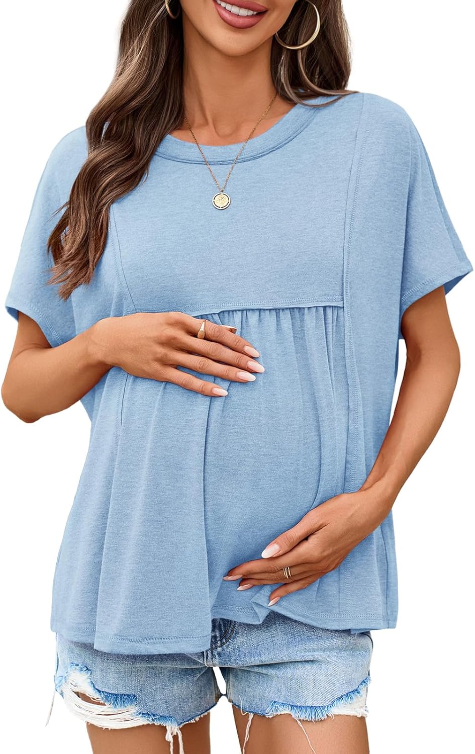 Tankaneo Womens Maternity Tops Summer Batwing Short Sleeve Casual T Shirts Oversized Pleated Pregnancy Clothes - Image 5