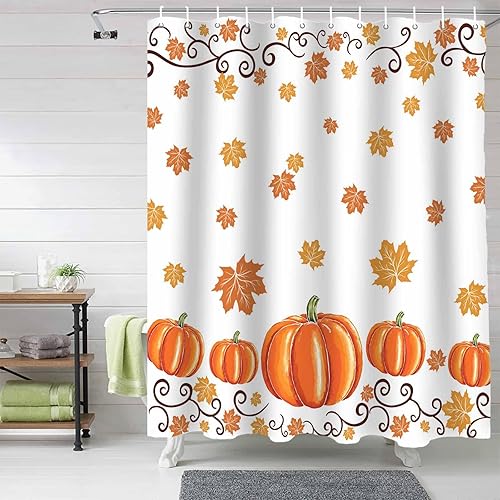 Vista 2 de Vandarllin Cortina de ducha de hojas de arce otoñal, juego de cortinas de ducha con calabazas de acuarela de Acción de Gracias con ganchos, tela
