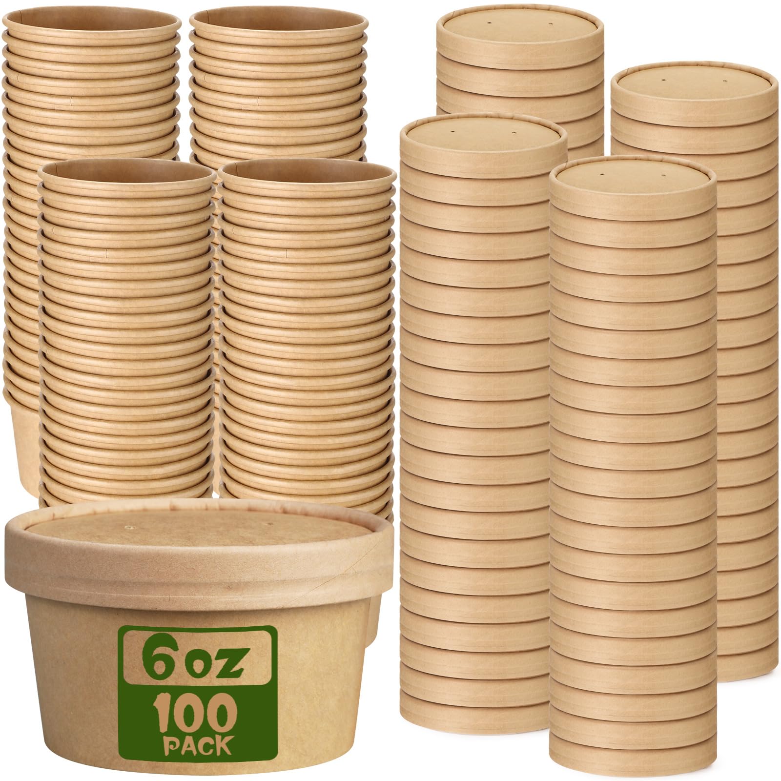 Fulmoon Paquete de 100 recipientes de papel para sopa con tapas, recipientes de papel desechables para alimentos con tapa ventilada, tazas de postre para helado, pasteles, postres, cuencos de sopa