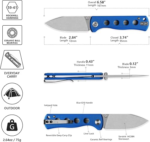 Miniatura 2 de QSP CUCHILLO CANARIO CARPETA CUCHILLO DE BOLSILLO, CUCHILLA AGUDA 14C28N con MANIJAS G-10 COLOROSAS (hoja lavado a la piedra, mango azul G-10)