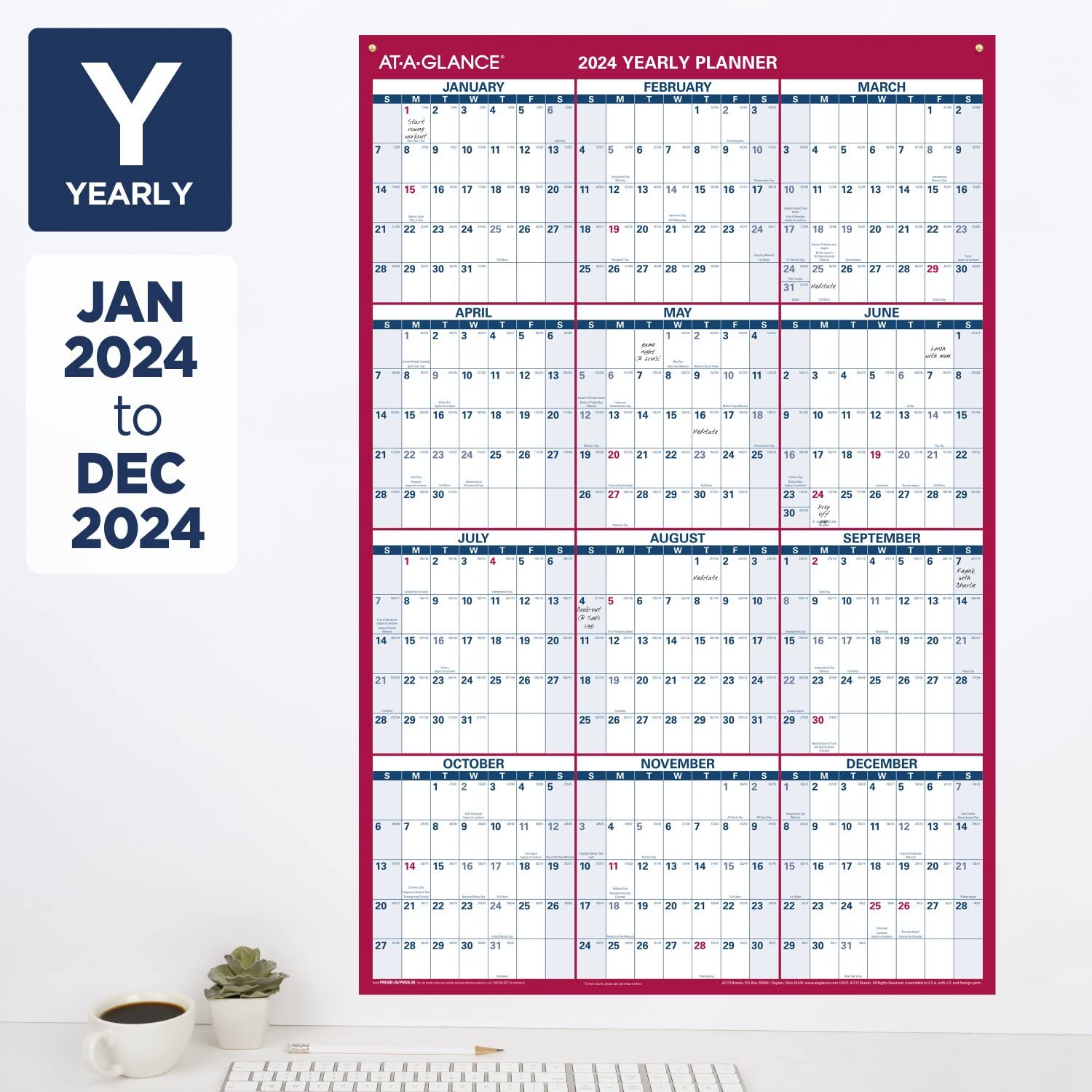 AT-A-GLANCE Calendario 2024 cancellabile, planner da parete cancellabile a secco, 91,4 x 61 cm, grande, verticale/orizzontale, reversibile, include pennarello (PM262824)