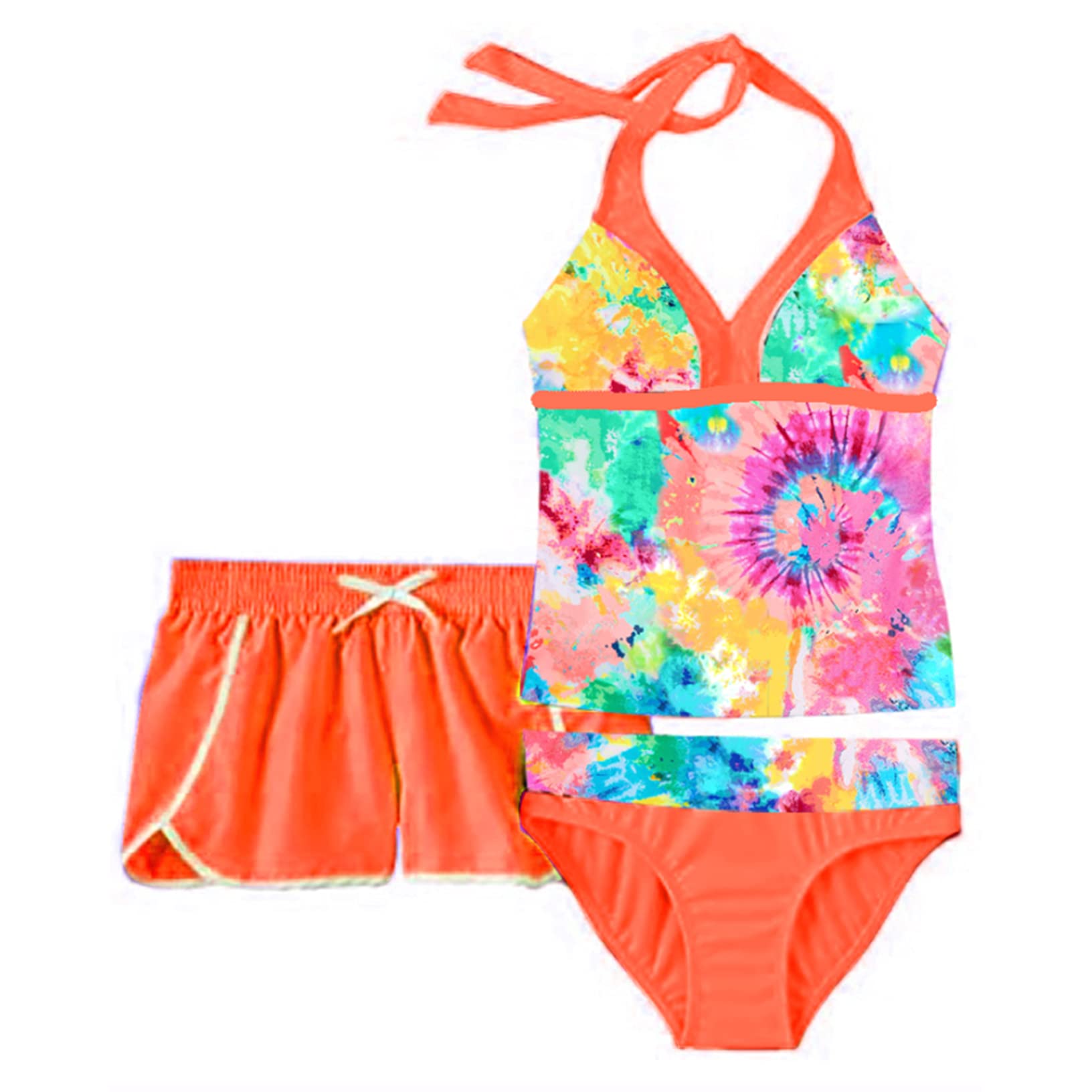 Kaerm Kids Girls 3Pcs Tankini Set Swimwear Halter Crop Top with Briefs Boyshorts Ethnic Pattern Print Swimsuit Colorful Tie Dye 4 Years