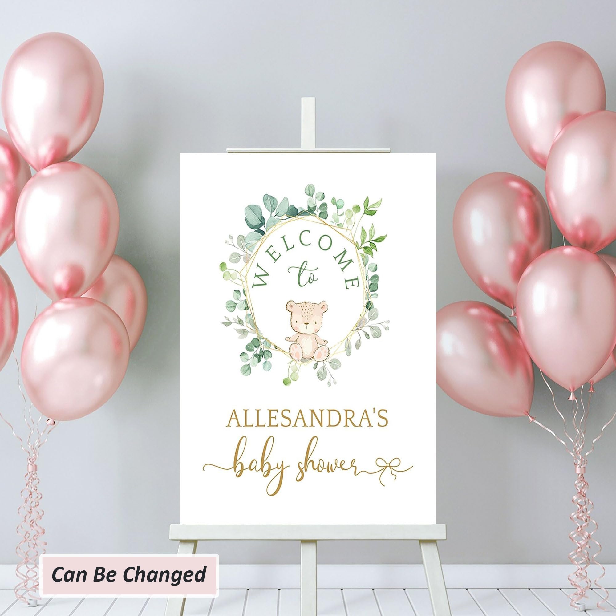 Teddy Baby Shower Sign, Welcome Party Poster Decor Custom Gender Neutral Teddy Bear Greenery Canvas