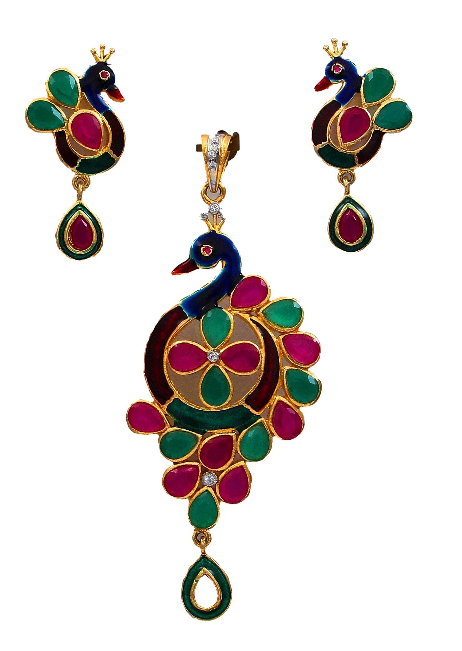JewelryGiftPeacock Design Pendant with Earring for Women Girls Ladies Green Pink CZ Traditional Look Locket Gold Plated Fashion Jewellery for Womens MKPS 8-Multi