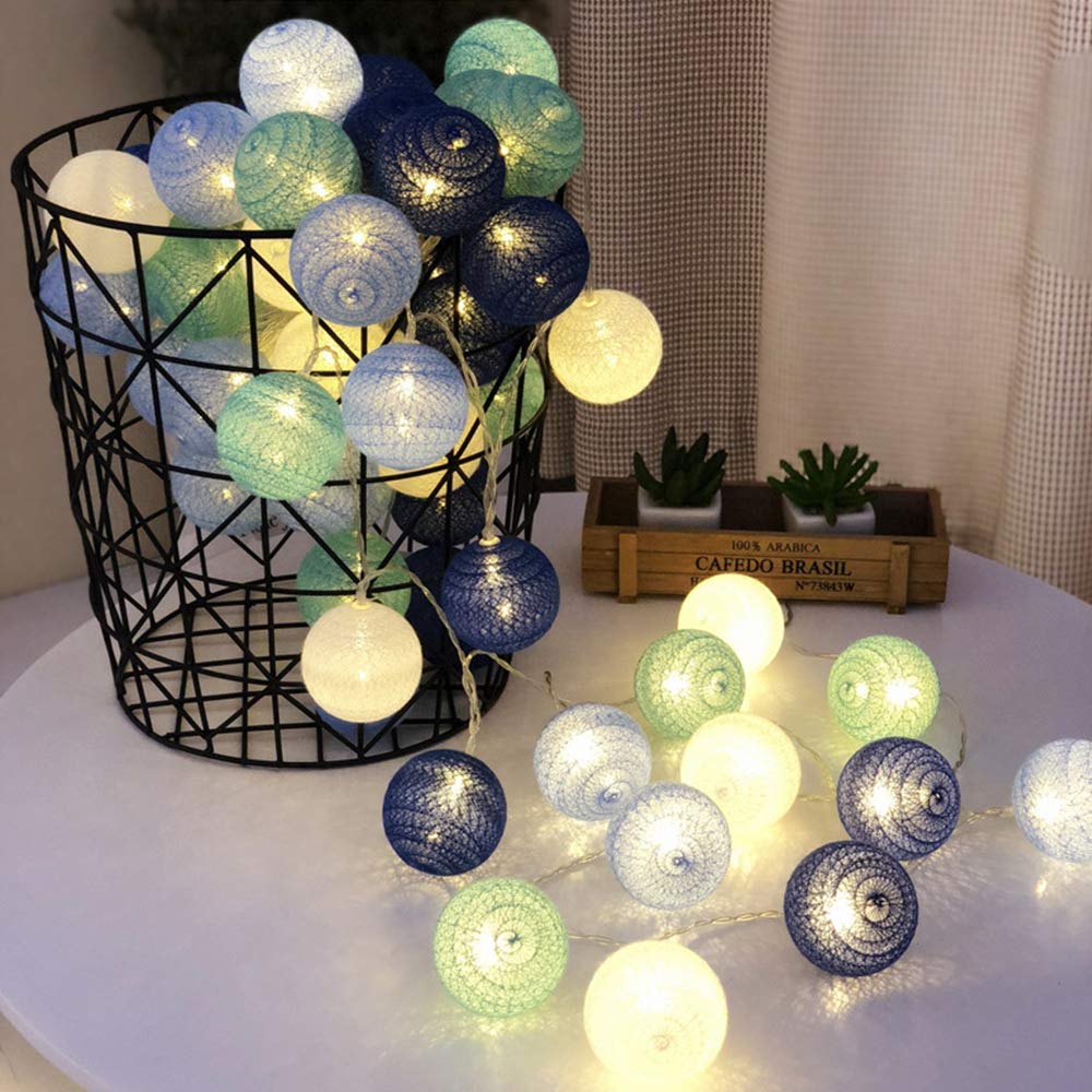Fairy Lights LED String Lights Indoor, DOTBUY Battery Operated 6cm Cotton Ball String Lights Starry Wall Lights Wedding Party Home Christmas Decoration (Refreshing blue,1.8M/10LED)