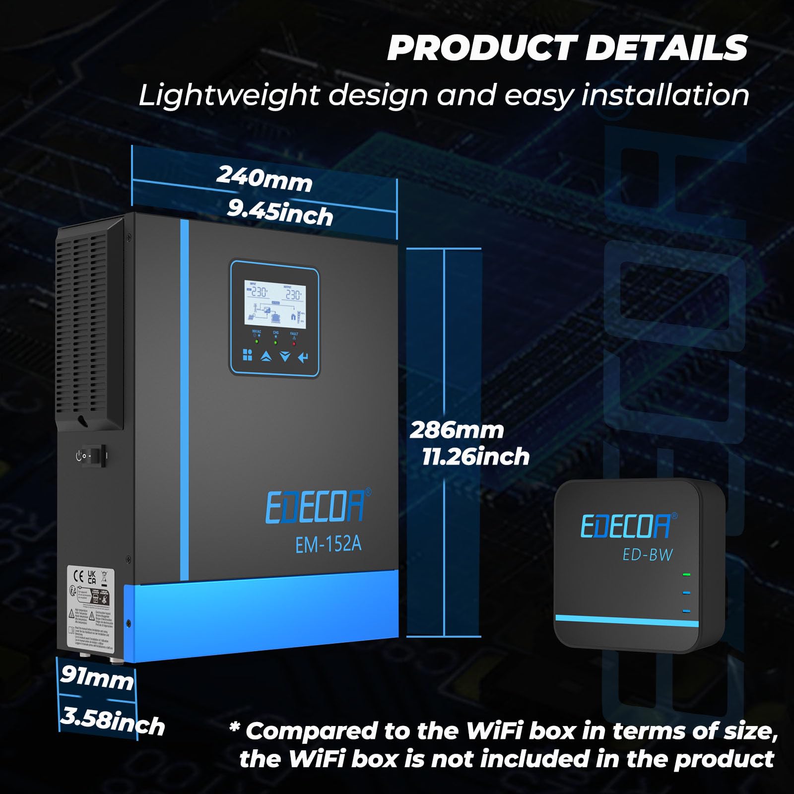EDECOA Inverter ibrido 1500W 24 V 230 V 1500 VA caricatore solare MPPT 40 A Pur Sinus 30 – 150 Vdc Off-Grid BMS Comunicazione Caricabatterie Priorità di rete Regolatore di carica solare