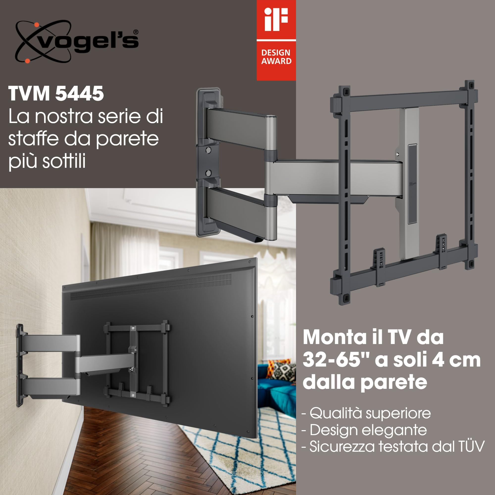 Vogel's Elite 5445 - Supporto da parete per TV da 32-65", orientabile fino a 180°, supporto TV Full Motion max. VESA 400x400, compatibilità universale