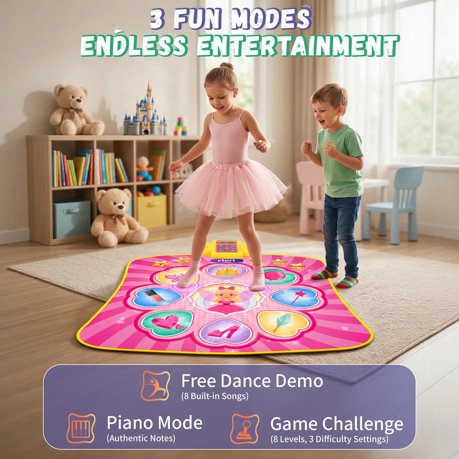 YESHIN Tapis de Danse Enfant 9 Touches avec Musique et Lumières LED, 3 Modes de Jeu, 8 Chansons & 7 Volumes, Grandes Touches Sensibles, Jeu Musical Interactif Cadeau Fille 3–12 Ans (Rose)
