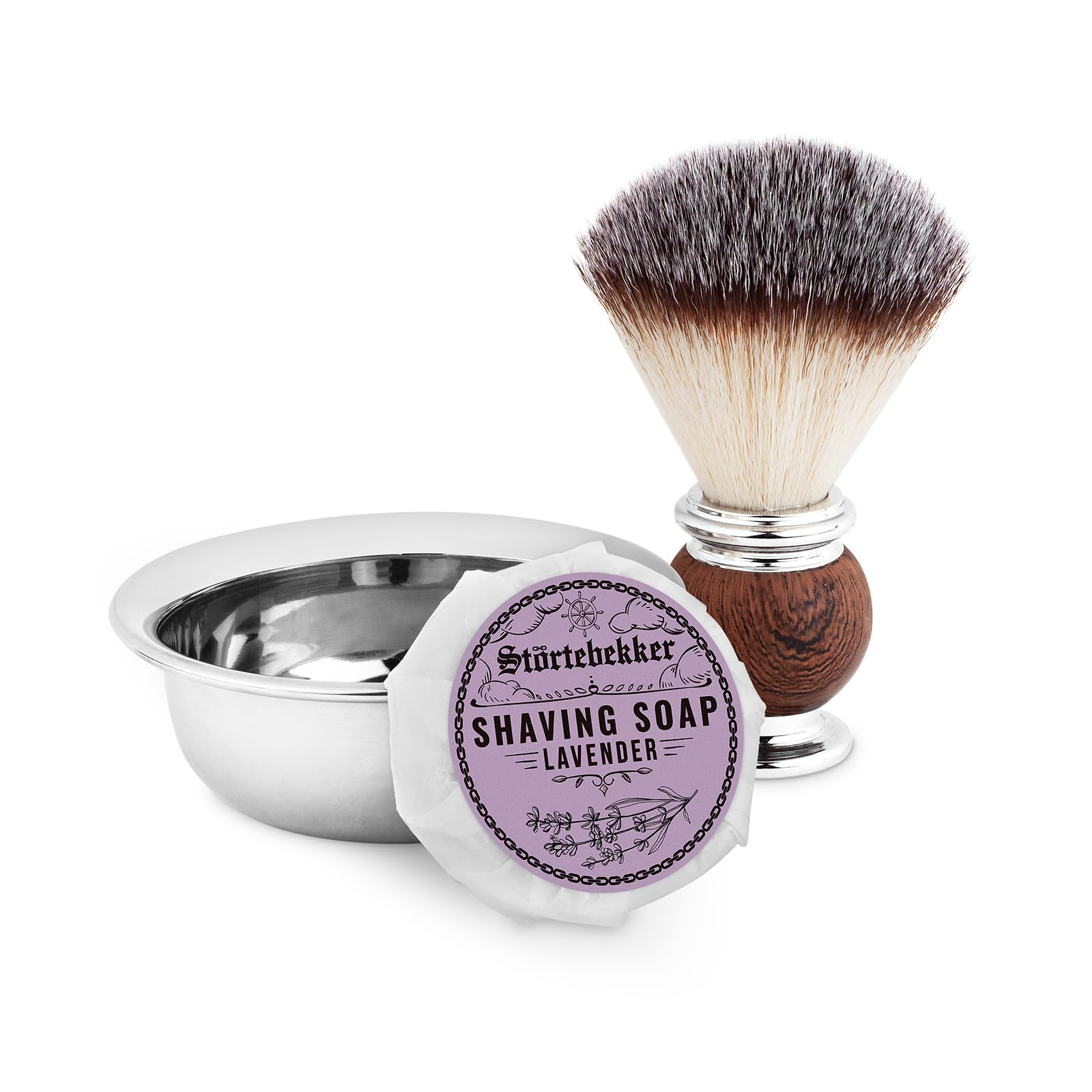 Störtebekker® - Premium Set di pennelli da barba con ciotola da barba in acciaio inox e sapone da barba Lavanda [incl. guida per rasatura e barba) – Idea regalo – Complemento perfetto per rasoio