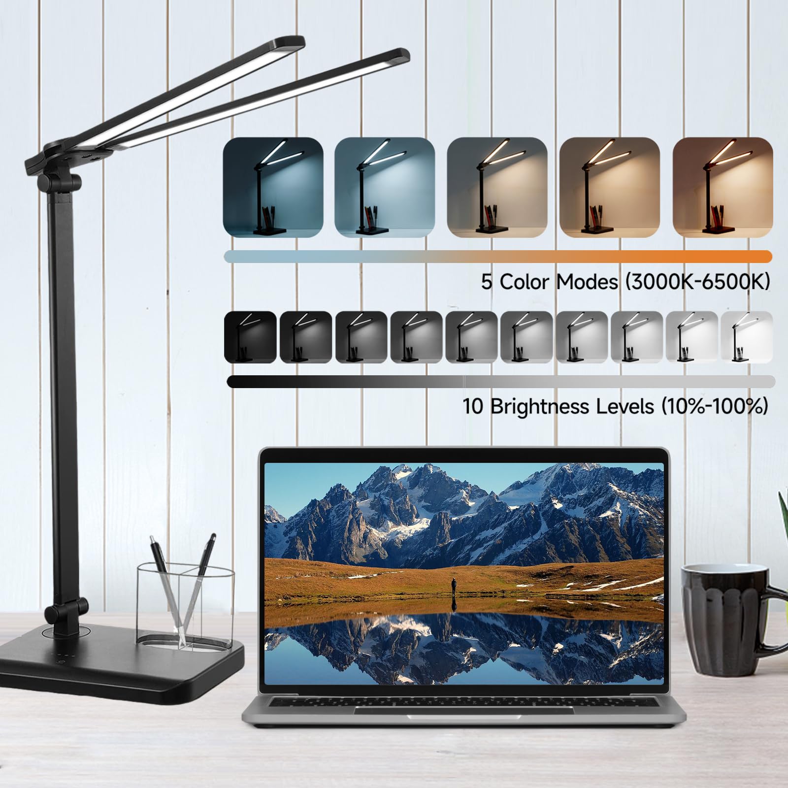 rigors Lampada da Tavolo Doppia Testa con Adattatore, 10 livelli di luminosità 5 modalità di illuminazione, Lampada da Scrivania con porta di ricarica USB e Timer 45 minuti per Ufficio, Monito
