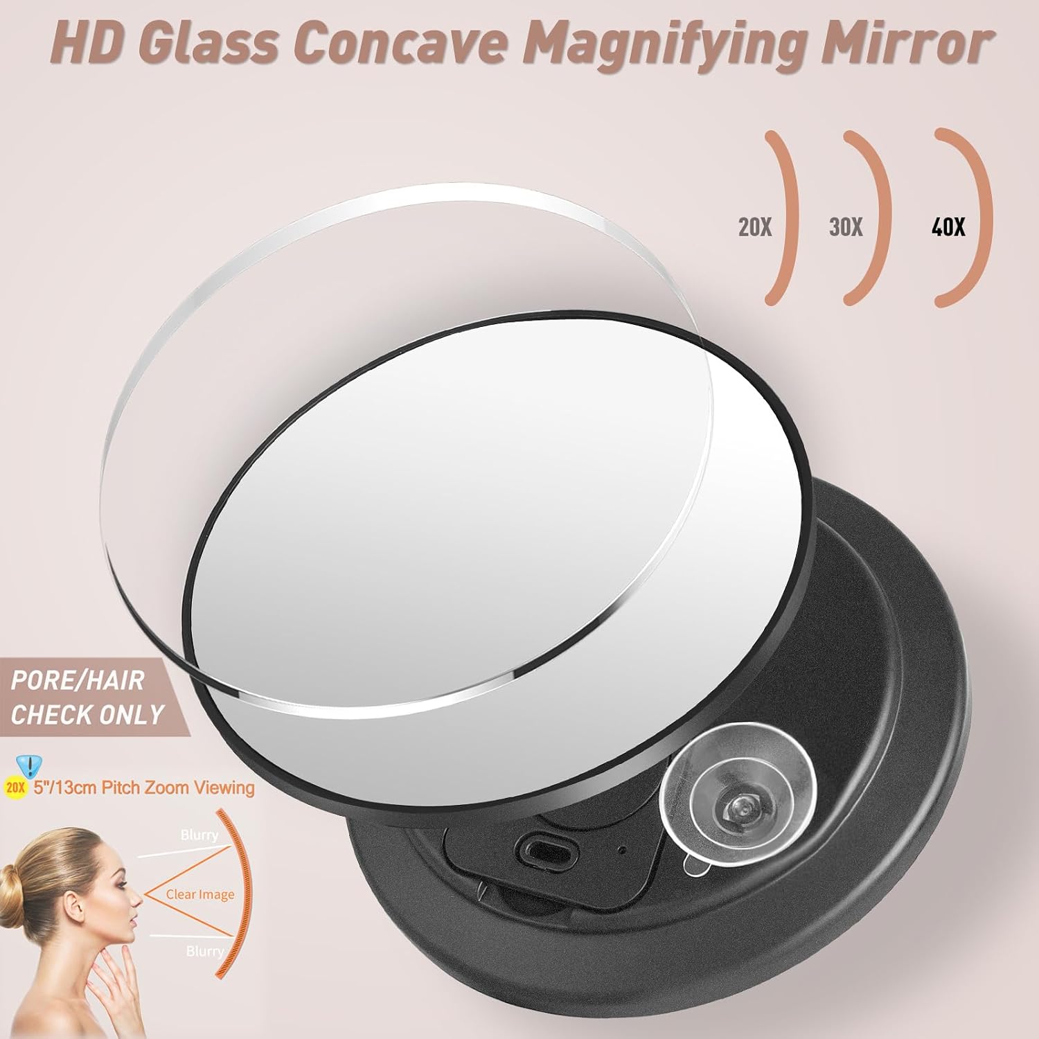 5" 40x Magnifying Makeup Mirror with Suction Cup,Compact Travel Size Vanity Mirror with Ring,40X Powerful+ Magnification Concave Mirror for Detailed Checking,Mid-size Portable Handheld Mirror