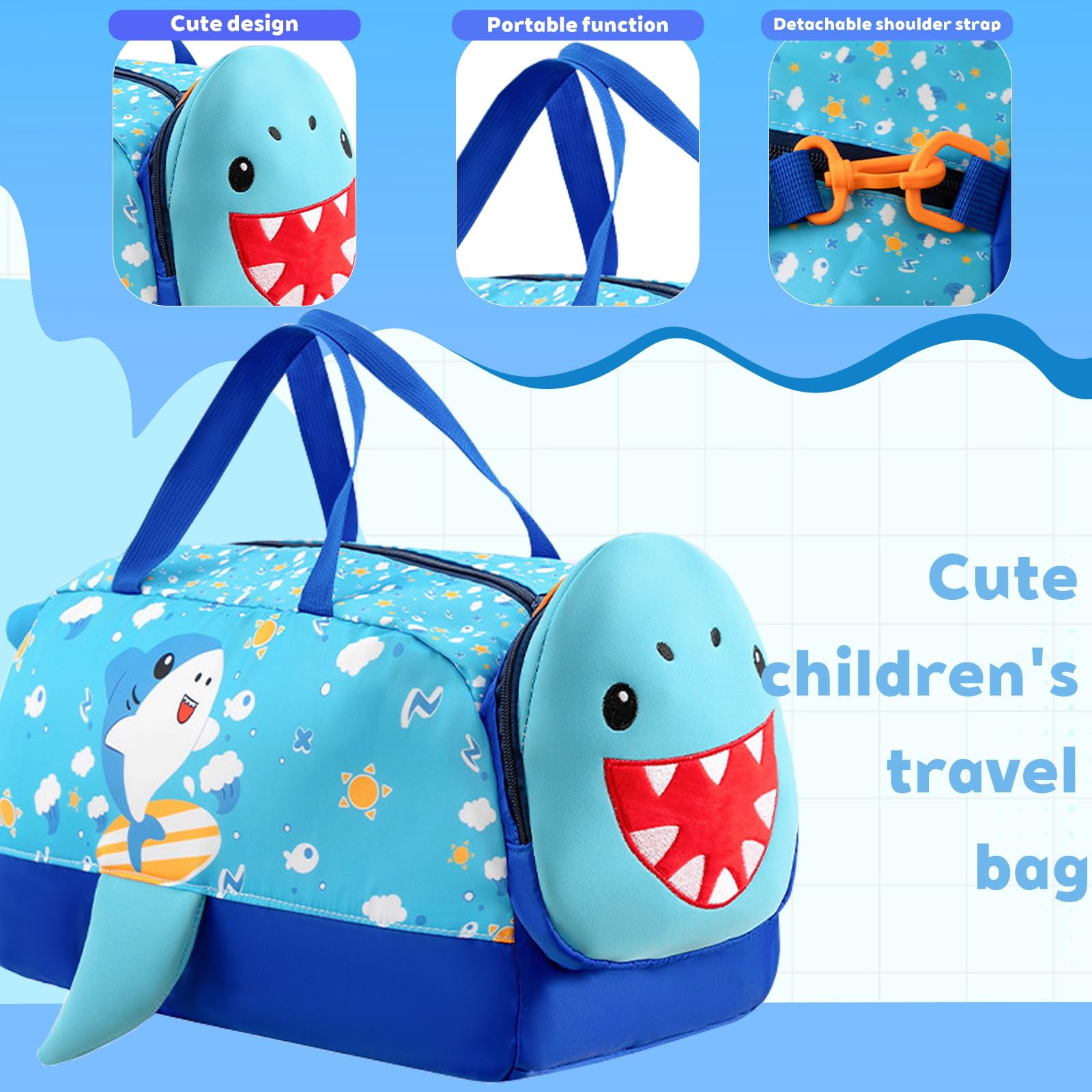 Children's Sports Bag, 21L Waterproof Travel Bag, Lightweight Durable Travel Bag, Children's Weekend Bag for Fitness, Dance, Swimming, Travelling, Shark - 3