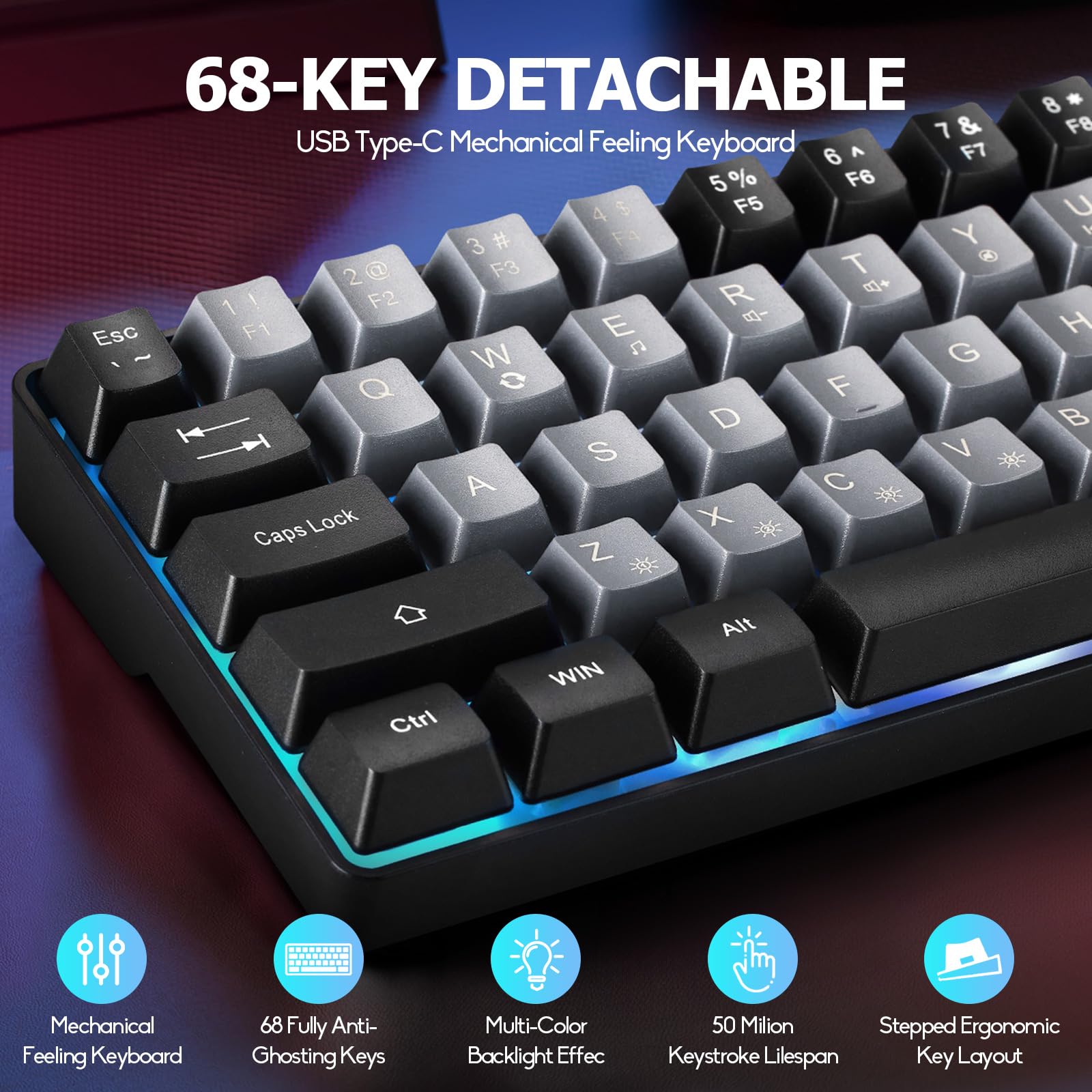 Tastiera da gioco portatile con cavo, 60% meccanica, retroilluminata a LED RGB, compatta, 68 tasti, mini tastiera da ufficio con cavo, per Windows, laptop, PC, Mac, gamer, dattilografi, viaggi di