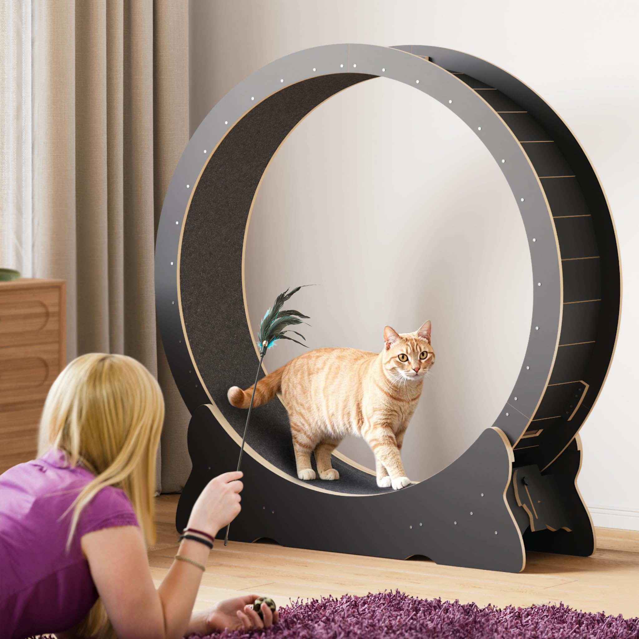 Mondeer Katzenlaufrad Indoor aus Holz, 110 cm, mit Teppich, Schwarz | Abnehmbarer Teppich, leicht reinigbar. Fördert Bewegung und Energieverbrauch, geeignet für aktive, verspielte Katzen.