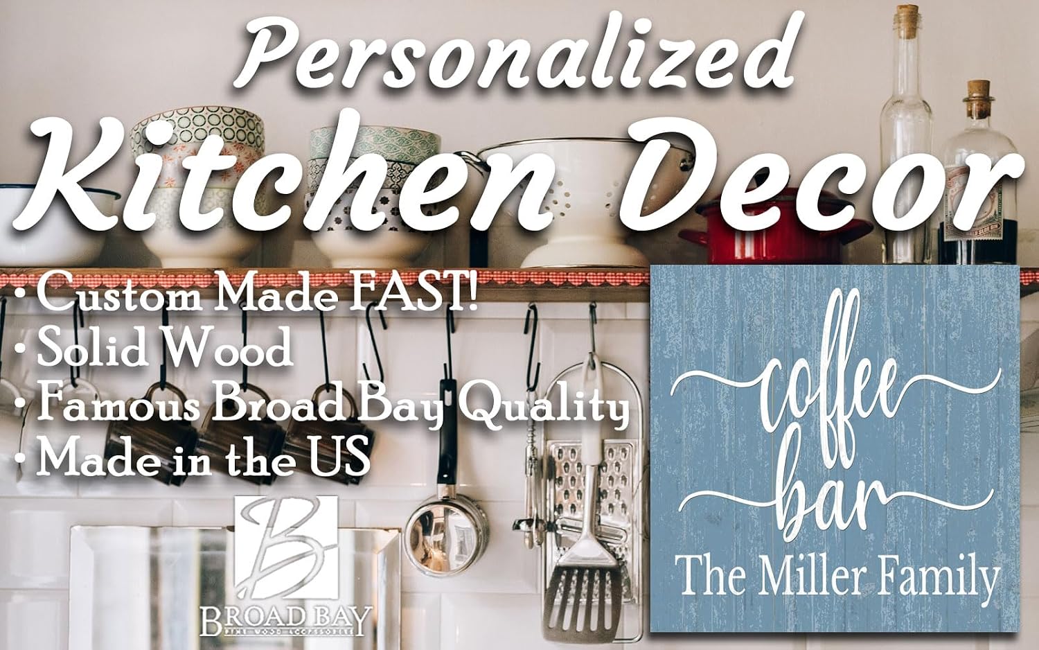 Custom Coffee Bar Sign for Kitchen or Coffee Bar PERSONALIZED Name Wood Wall Decor for Kitchen, Coffee Bar, Home, Office - Solid Wood - 10.5in x 10.5in (Coffee Bar - Blue)