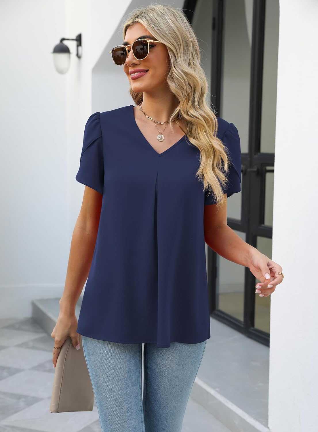 Funlingo Women's Summer Tops Short Sleeve Dressy Chiffon Blouses V Neck Work Tunic Tops Casual Loose T-Shirts - Image 7