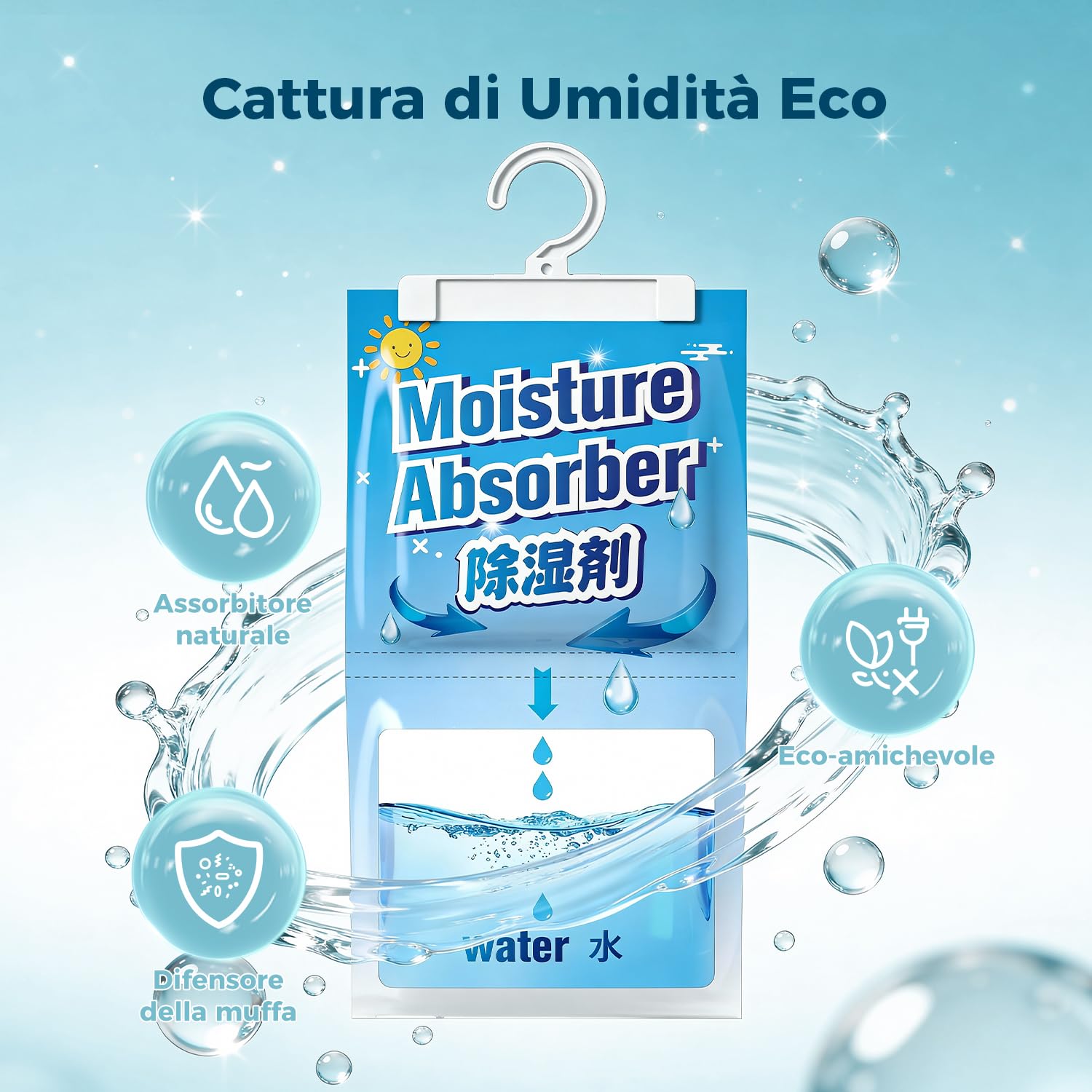 AROEVE Deumidificatore, 10 Confezioni x 150g Assorbitore di Umidità a Sospensione, Capacità 500 ml, Sacchetti Deumidificanti Antigoccia, Elimina gli Odori per Armadi, Credenze, Camere da Letto, Bagni