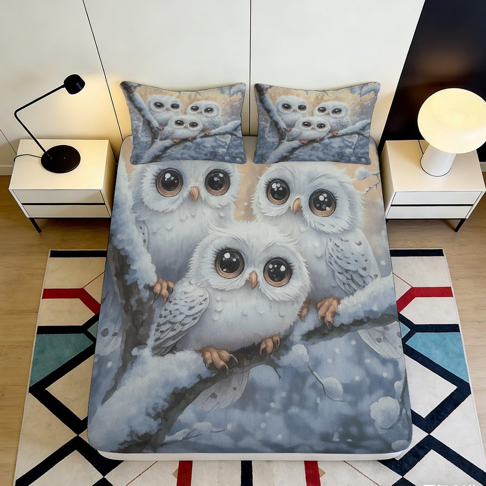 3D Printed Snowy Owl Fitted Sheet Microfiber Soft Non-Slip Bed Cover Tree Branch Pattern for Bedroom Dorm Decor 90x200x25cm