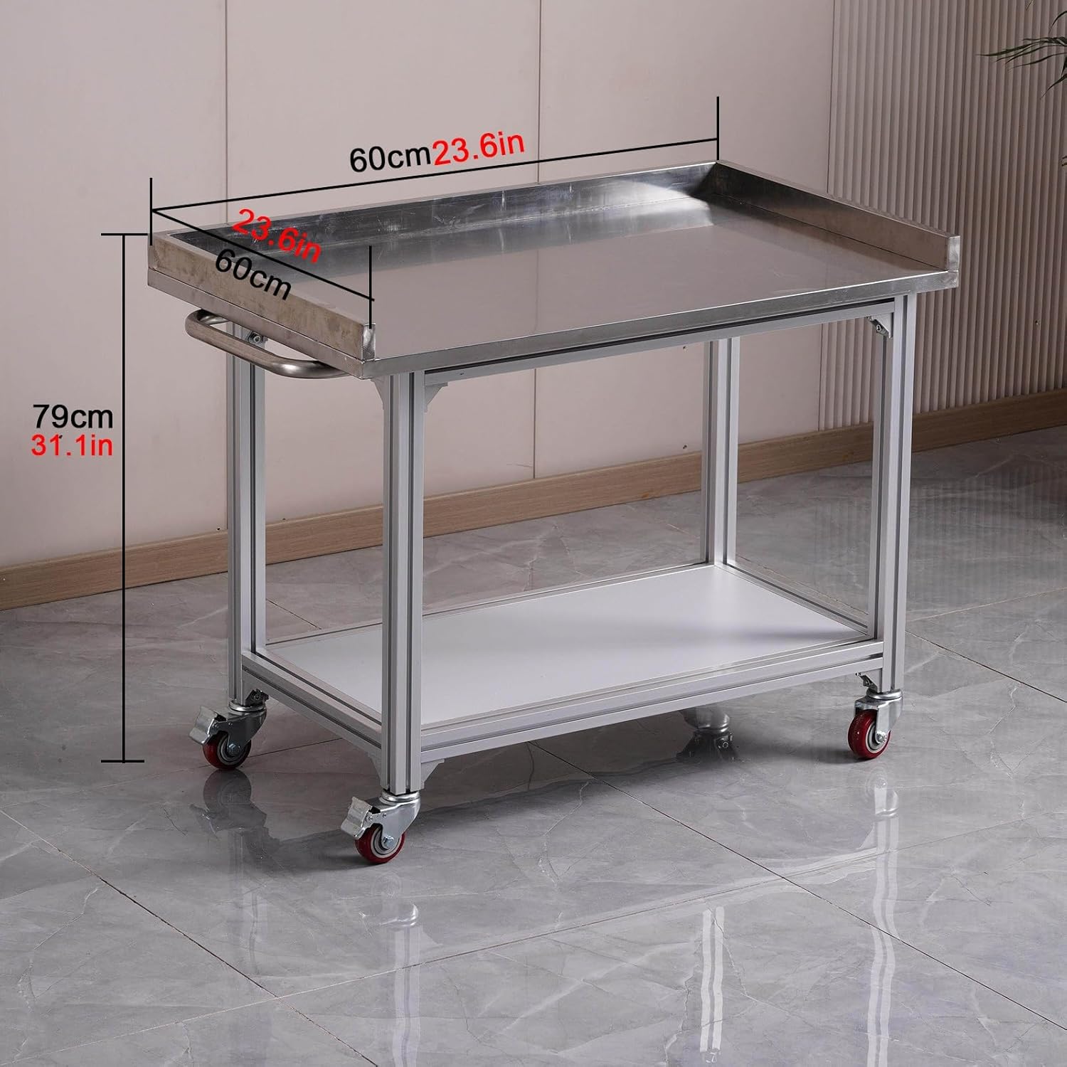 Stainless Steel Workbench Aluminum Alloy Frame and Handles Kitchen Work Table Double-Tiered with Casters Three-Sided Splash Guard Suitable for Warehouses and Hotels