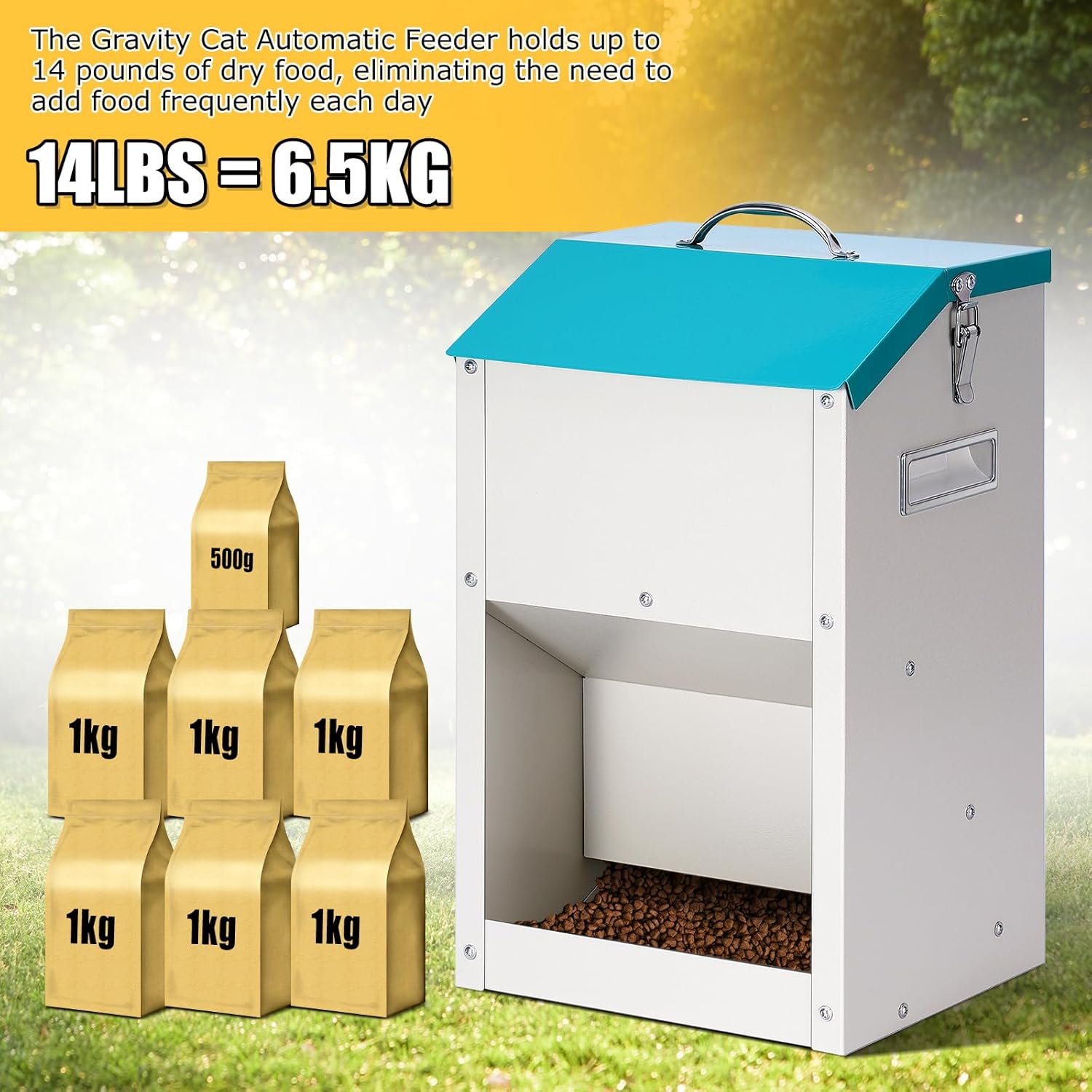 PKNBZN Gravity Cat Feeder with Lid, Metal Automatic Feeder Cat Dry Food and Cats Feeding Station for Cats, Dogs, Rabbits, Chicks and Other Small Animals