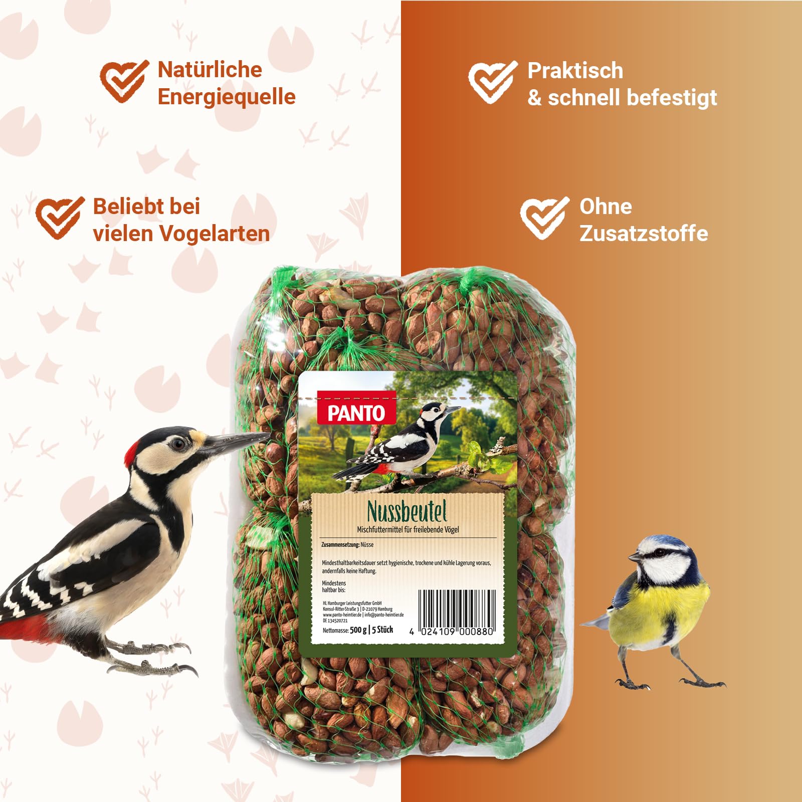 PANTO Wildvogelfutter Nussbeutel 16 x 500 g – energiereiches Vogelfutter für Garten, Balkon, Futterhaus & Futterspender, für Körner- und Weichfresser