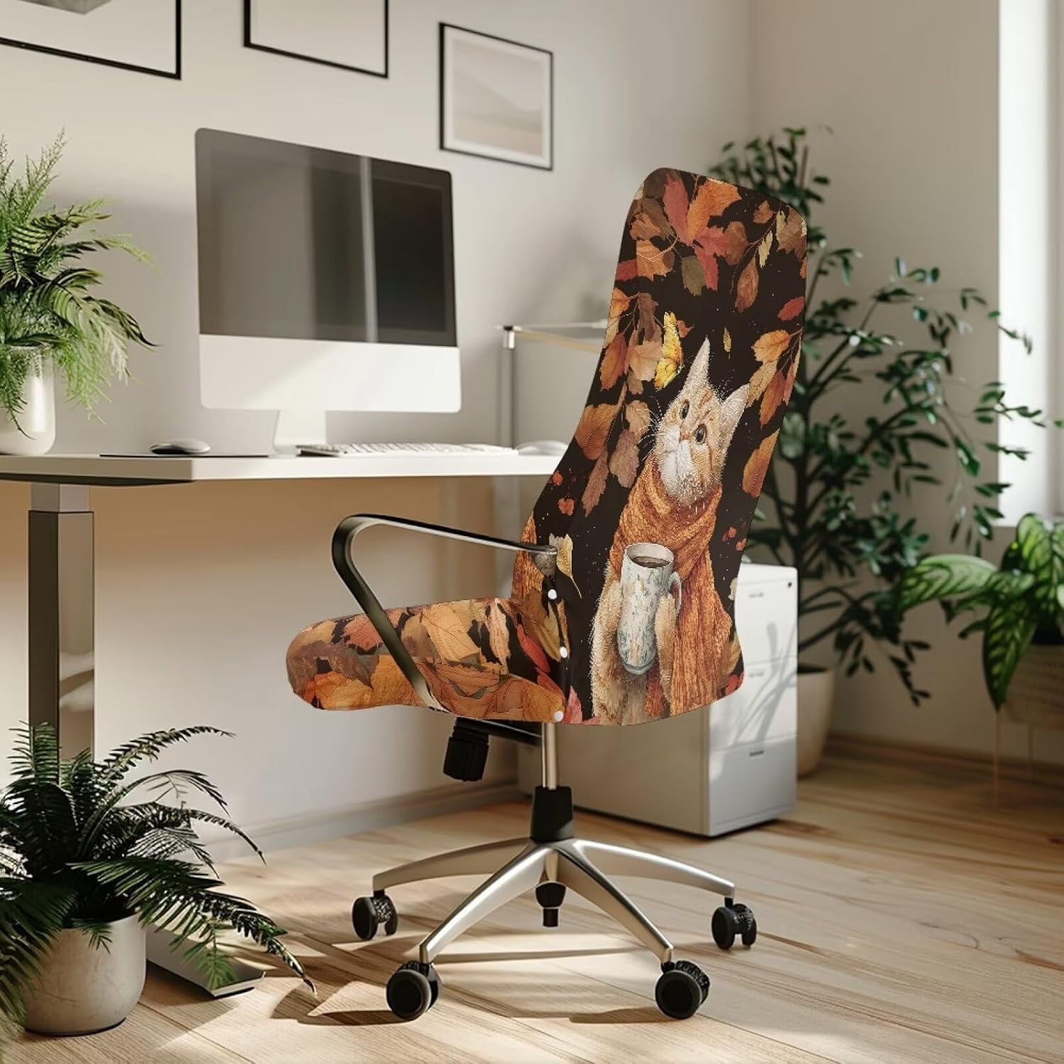 Autumn Scarf Kitty Office Chair Cover Stretchable Thick High Back Office Seat Cover Oversized Desk Chair Cover for Extra Large Executive Chairs Chair Decoration Accessories