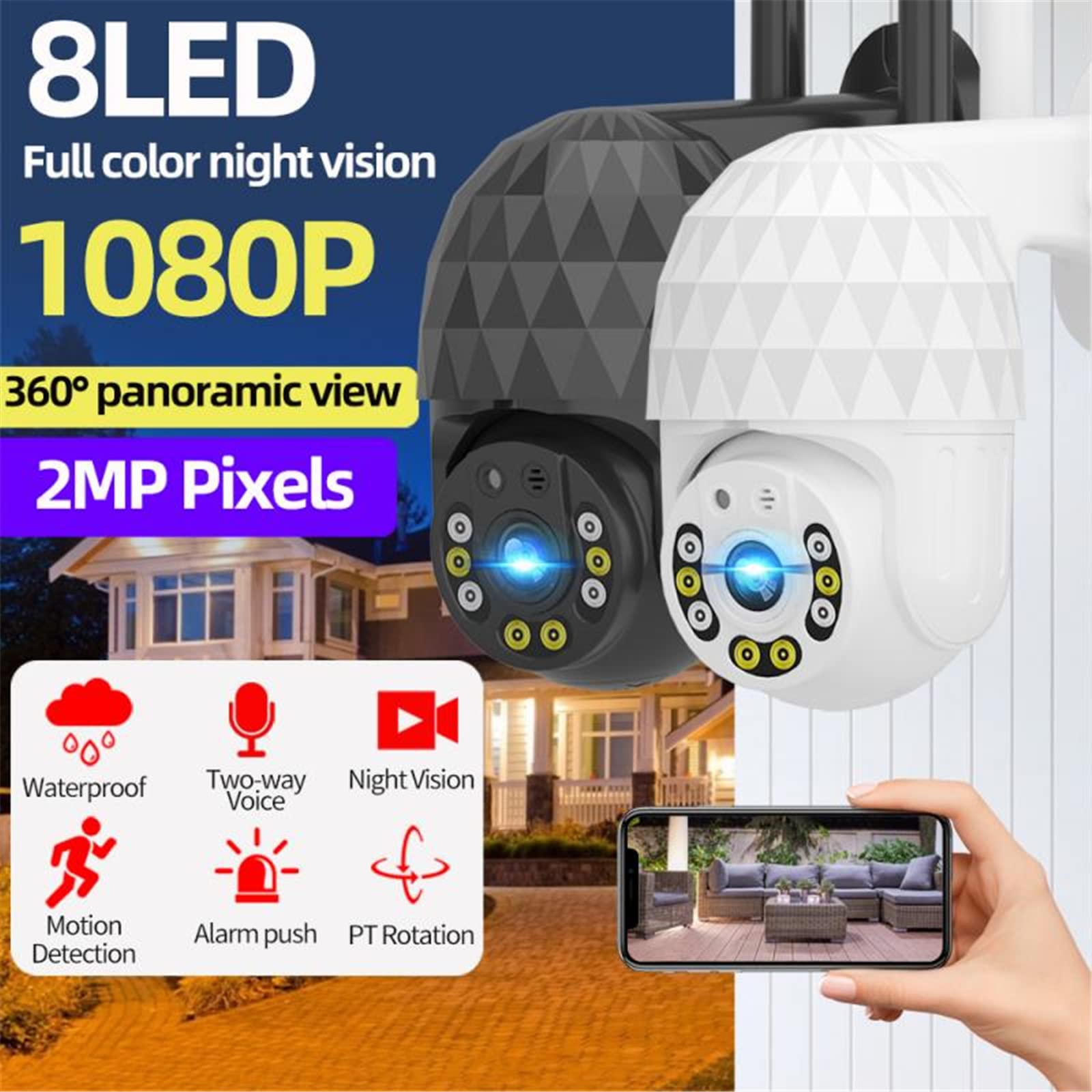 Caméra de sécurité Outdoor, 8 LED IP Caméra IP 2MP WIFI Vidéo Surveillance Vidéo Caméra de sécurité Vidéo Outdoor CCTV sans fil 1080p Détection de mouvement P2P