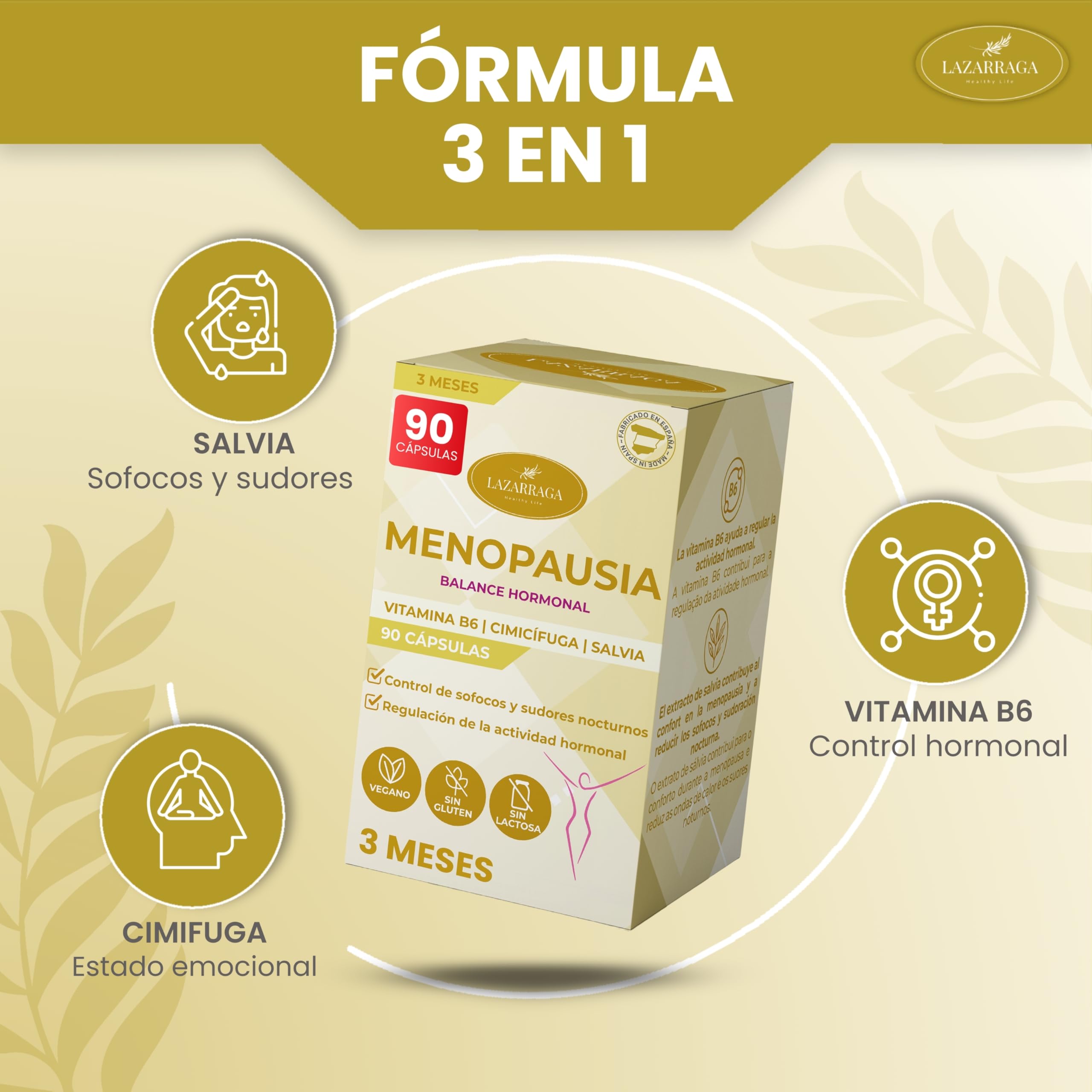 MENOPAUSIA COMPLEX 3 EN 1 con Vitamina B6, Cimifuga y Salvia | Control de Sofocos | Regula los cambios hormonales l | Sin Soja ni Conservantes | 3 Meses de Tratamiento | 90 Cápsulas Veganas