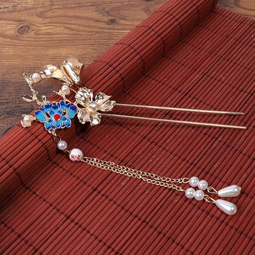 Miniatura 9 de Lurrose 1 par de palillos de pelo vintage chinos japoneses palillos de perlas con borla larga accesorios tradicionales para el cabello para mujeres