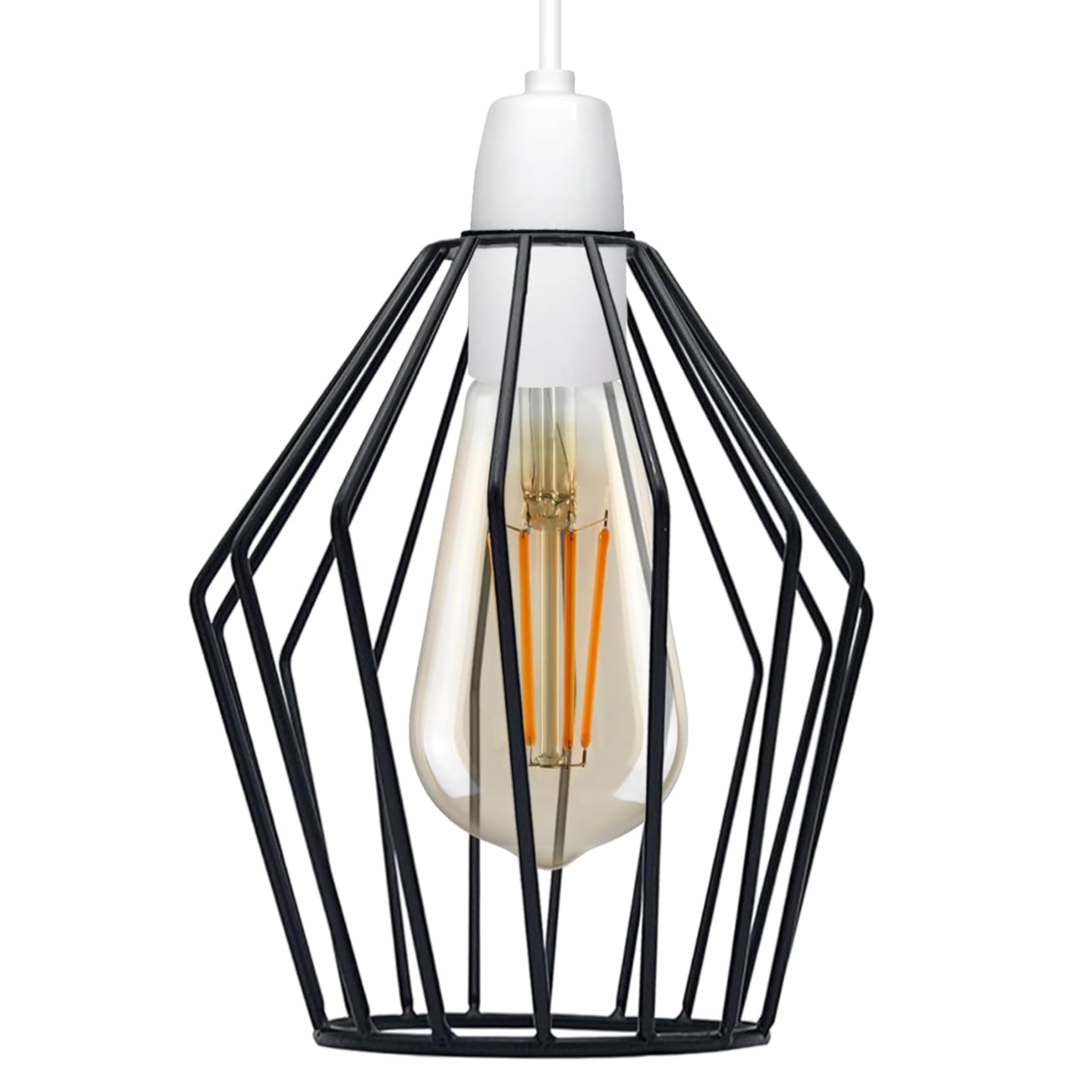 Diamond Shape Black Pendant Ceiling Light Modern Diamond Metal Wire Basket Cage Desk Lamp with Contemporary Linen Lampshade for Bedside Table Lamp Home Office โ image 1