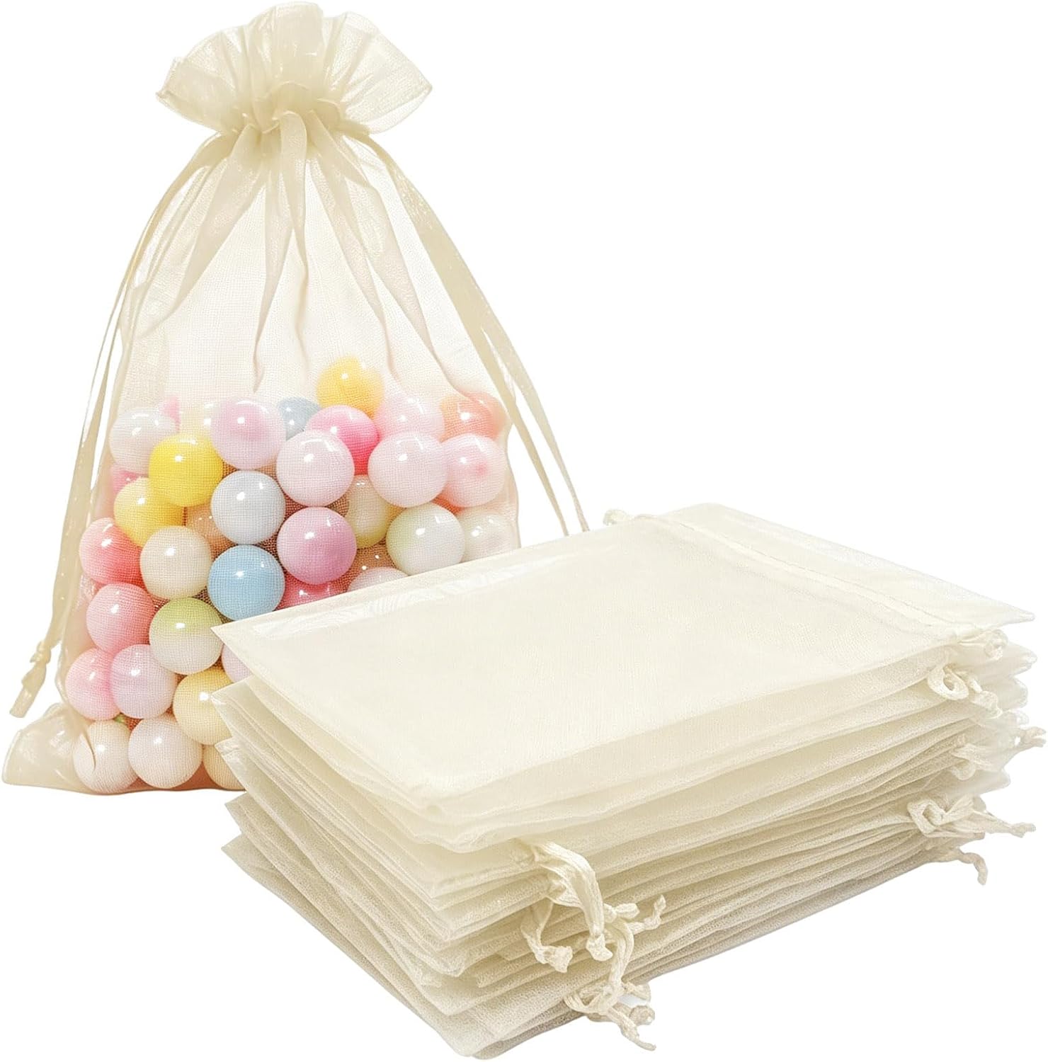 KLLPNW 100pc Sheer Organza Mesh Drawstring Gift Goodie Bags 4x6 Inch Ivory