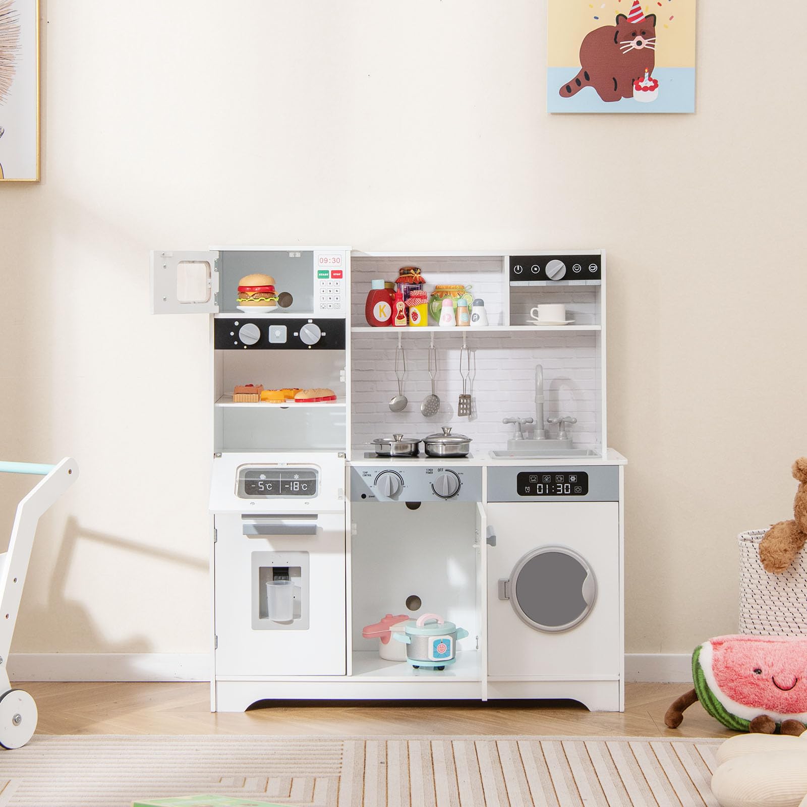 HOMASIS Spielküche mit Zubehör, Kinderküche Holz, Spielzeugküche mit Spüle Wasserhahn Herd Ofen Waschmaschine Kühlschrank, Holzküche mit Licht & Sound, Kinderspielküche für Kinder ab 3 Jahre, Weiß