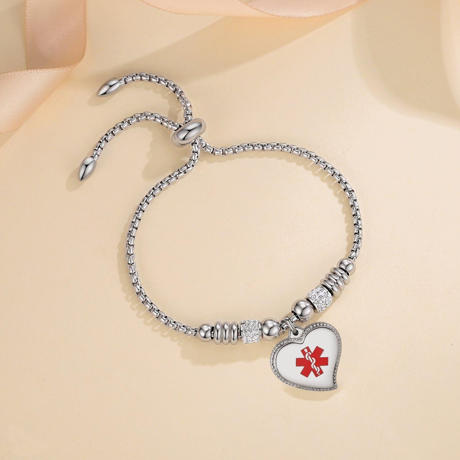 mnmoom Medical Alert Bracelets for Women with stainless steel heart medical id charm pre engraved