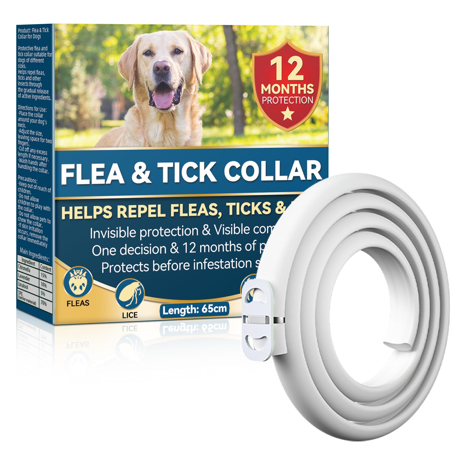 Collar Antiparasitario para Perros 65 cm, Protección contra Pulgas, Garrapatas e Insectos hasta 12 Meses, para Perros de Todos los Tamaños, Impermeable y Ajustable