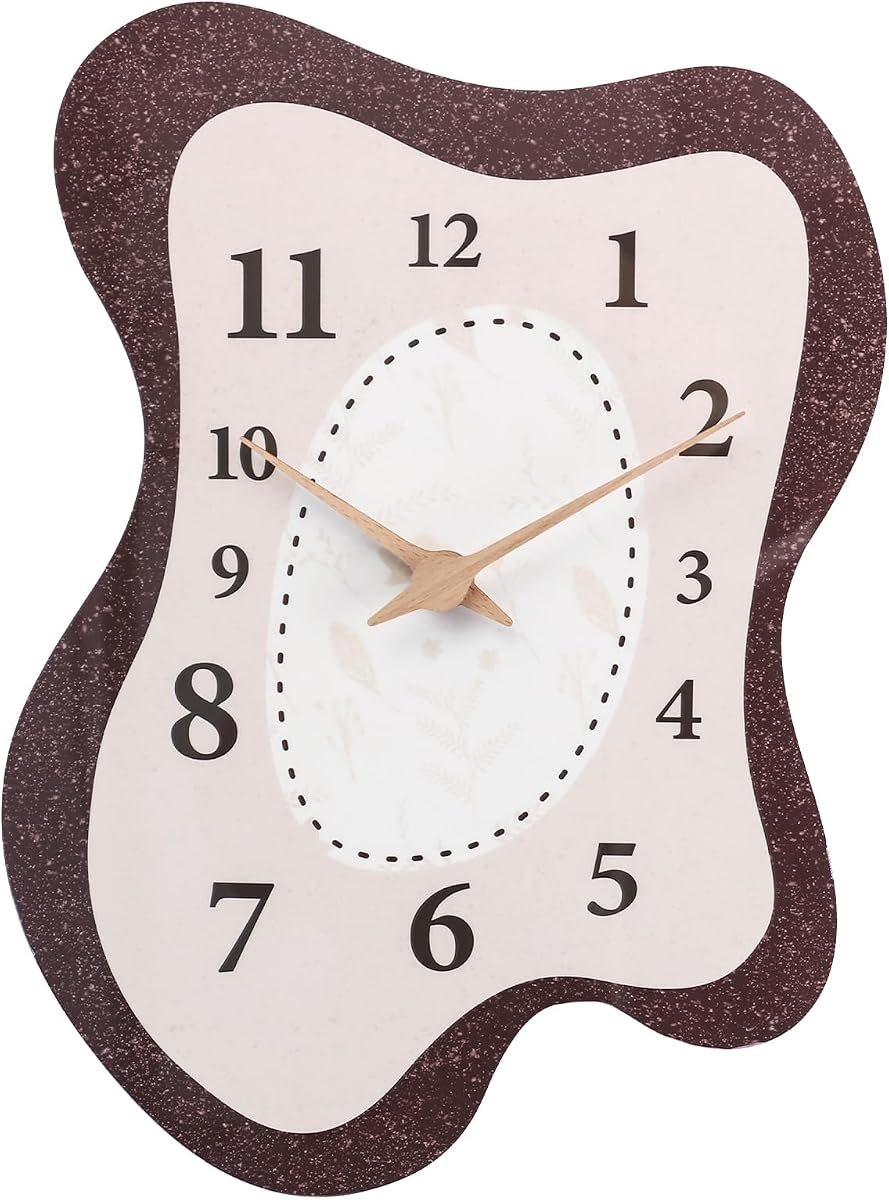 Reloj de pared retro con forma irregular de mediados de siglo, 14 x 10 pulgadas, marrón | Silencioso, sin tictac, funciona con pilas, vintage, bohemio, arte de pared, para sala de estar, dormitorio, entrada, decoración de repisa
