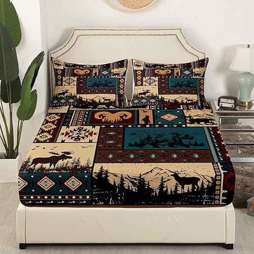 Miniatura 80 de Erosebridal Sábanas rústicas de oso para decoración de cabaña, camping, sábana bajera ajustable de ciervos de caza para cabaña, juego de ropa