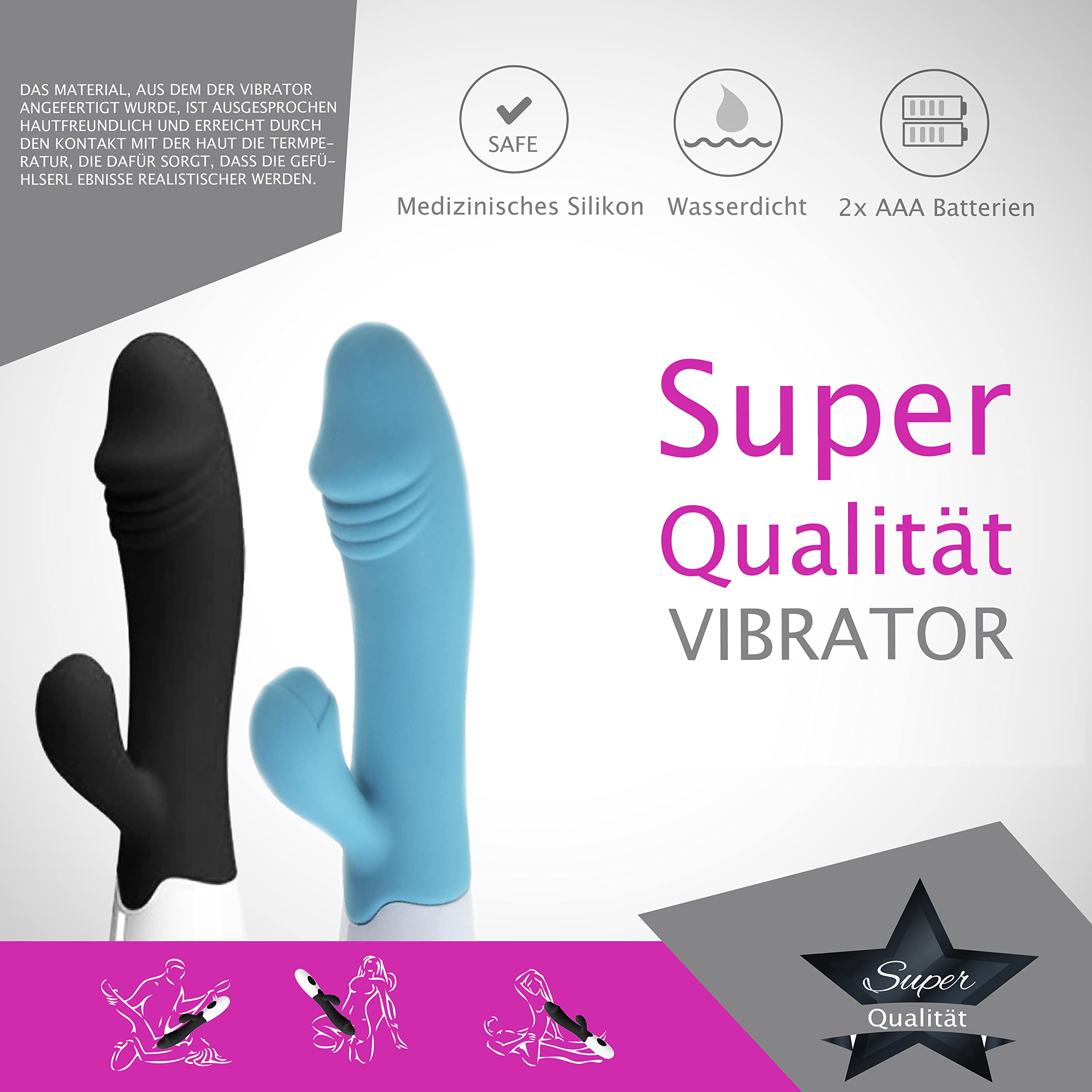 Vibratore Rabbit 19cm ⌀3cm – 30 Modalità, Nero Stimolatore Clitoride e Punto G in Silicone, Dildo Impermeabile, Sex Toy Donna, FOPS W25-3