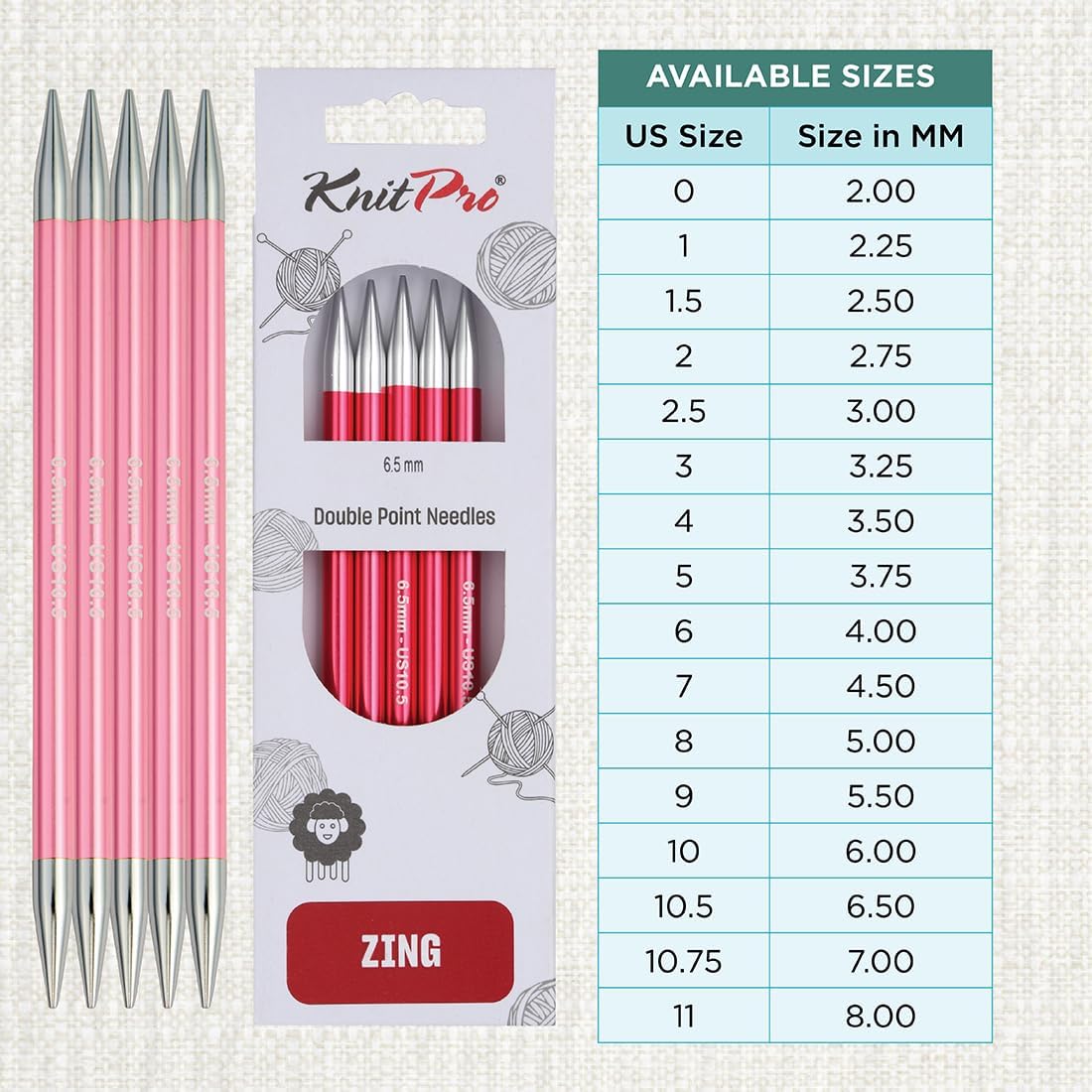 KnitPro Zing Double Pointed Needles 6" (15cm) | US Size 10.5 (6.5mm)