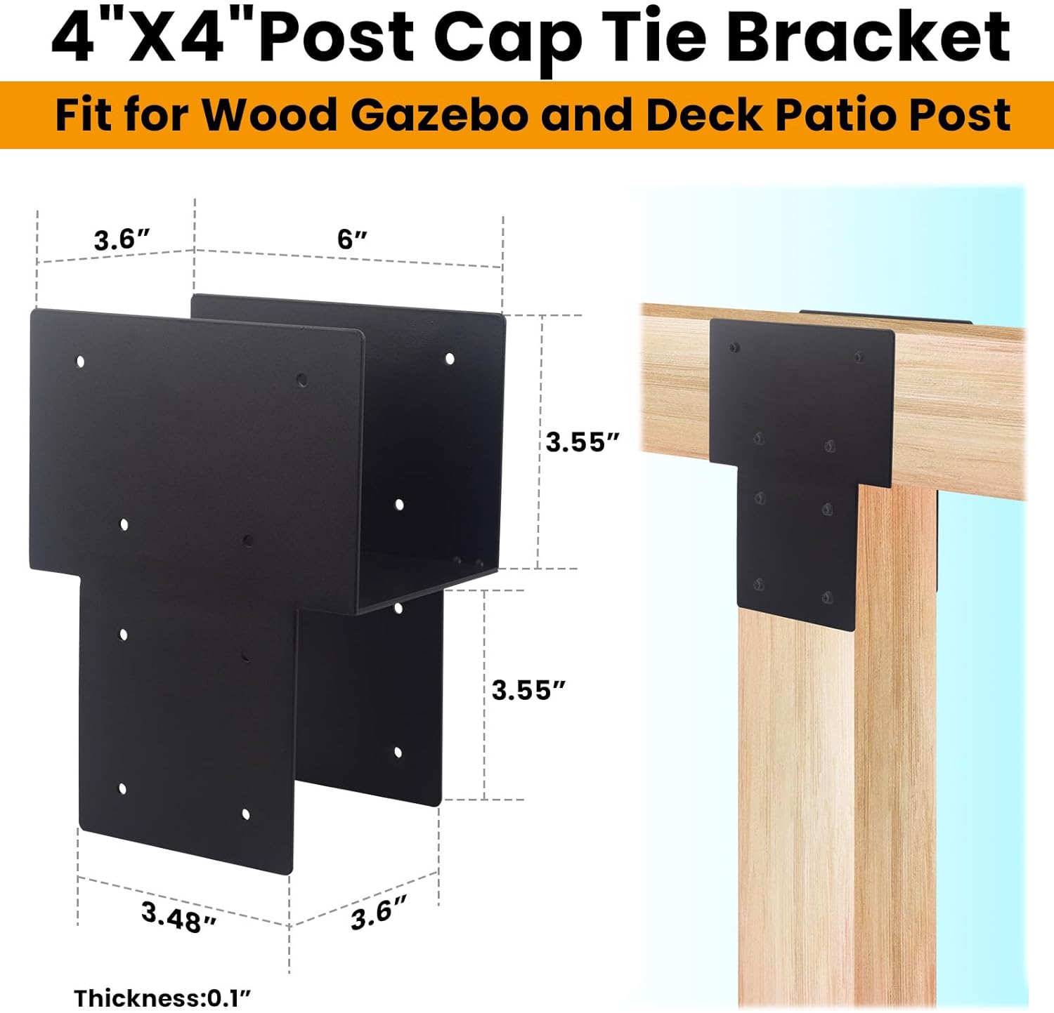 1 pc 4"x4" post caps tie brackets (actual 3.5"x3.5"), heavy duty metal steel connectors for gazebo, deck, patio wood post to beam support-black 4"x4" 1