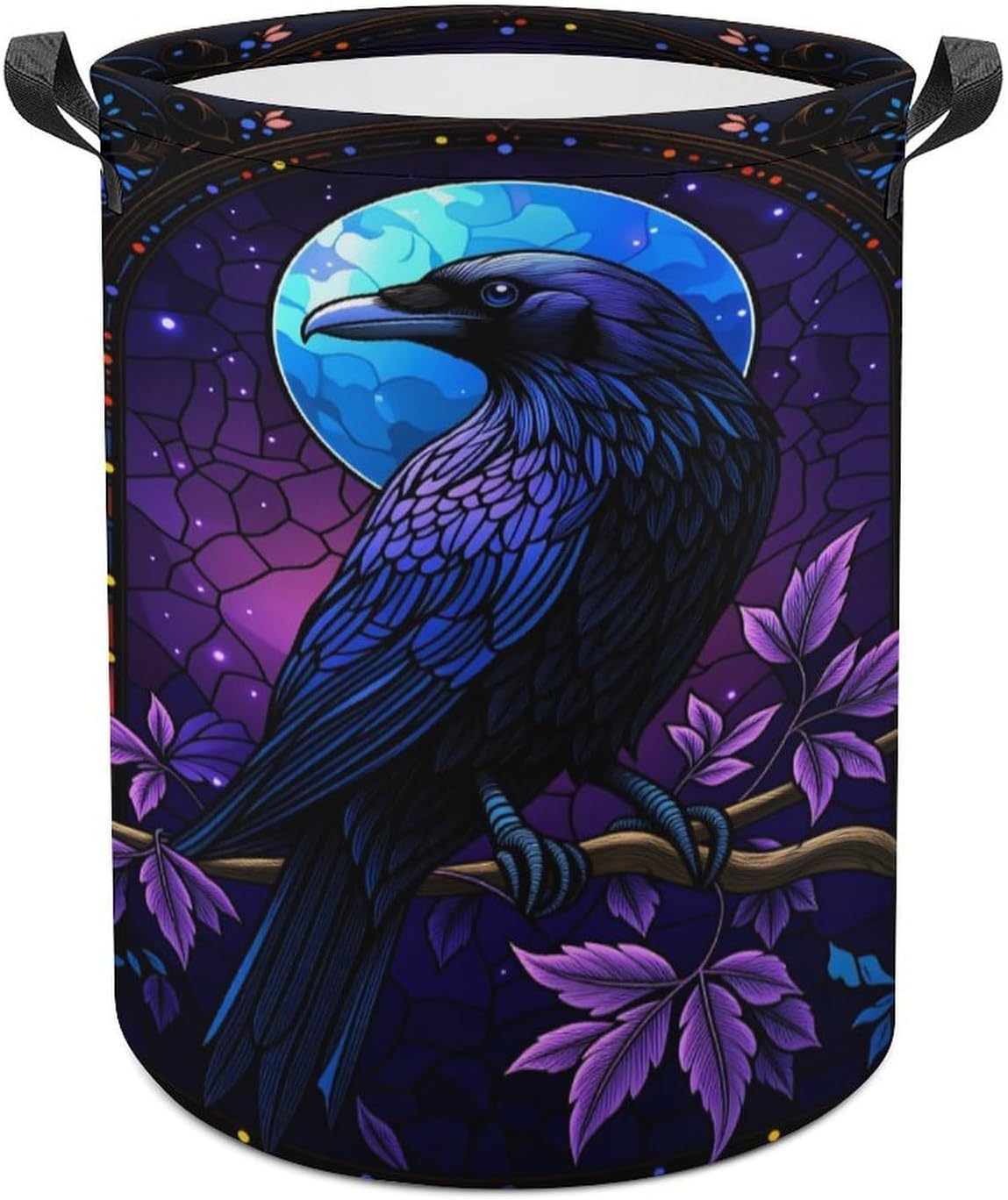 Black Raven Purple Flowers Laundry Basket, Large Collapsible Round Hamper with Hand Strap, Waterproof Clothes Bin for Bedroom, Bathroom, Dorm & Laundry Room 44x44cm