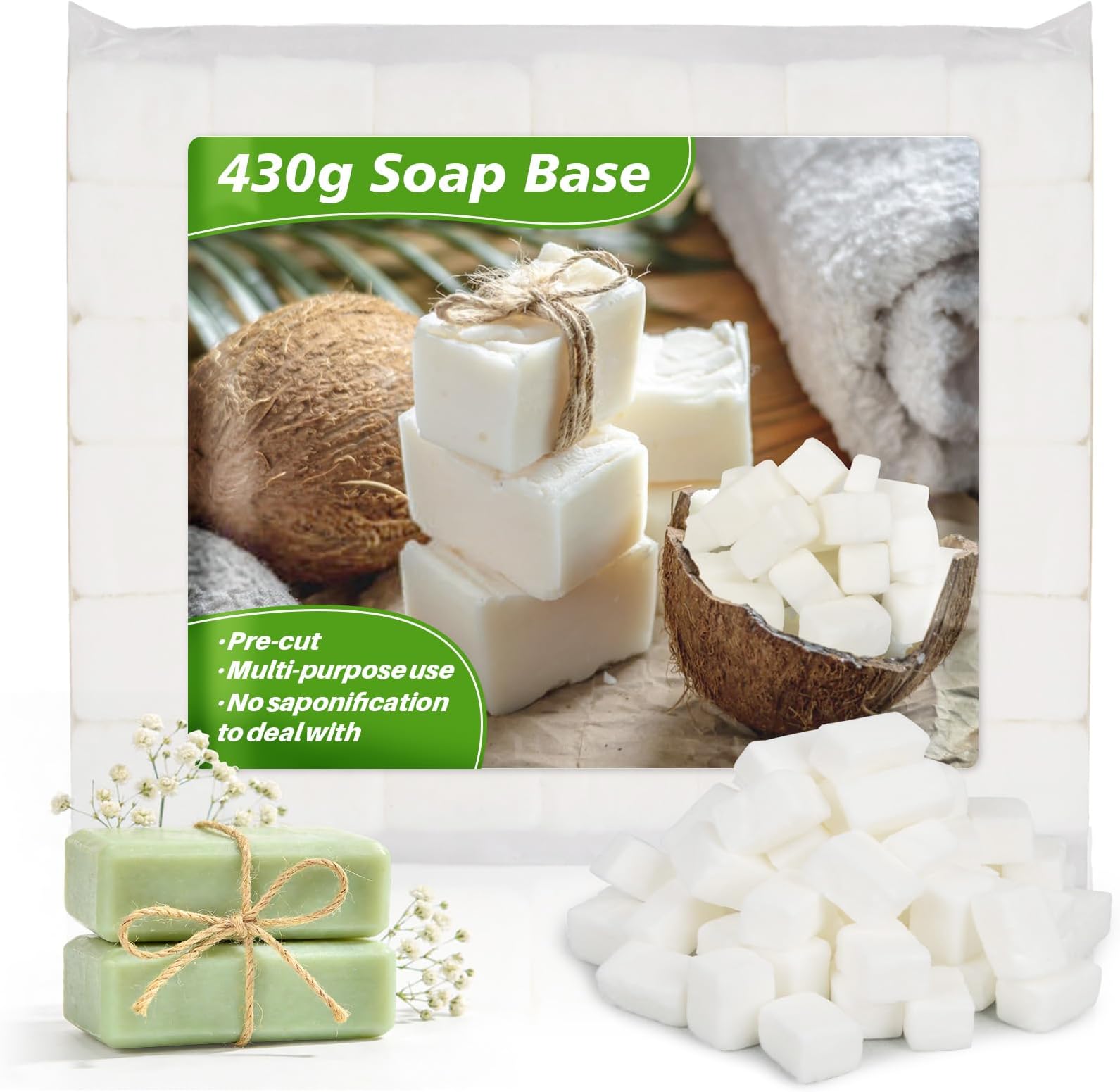 Glycerin Soap Base for Soap-Making - 15oz Sukh White Glycerin Base, Pre-Cut Cubes for Moisturizing,Melt and Crafting,DIY Handmade Making Supplies 430 g