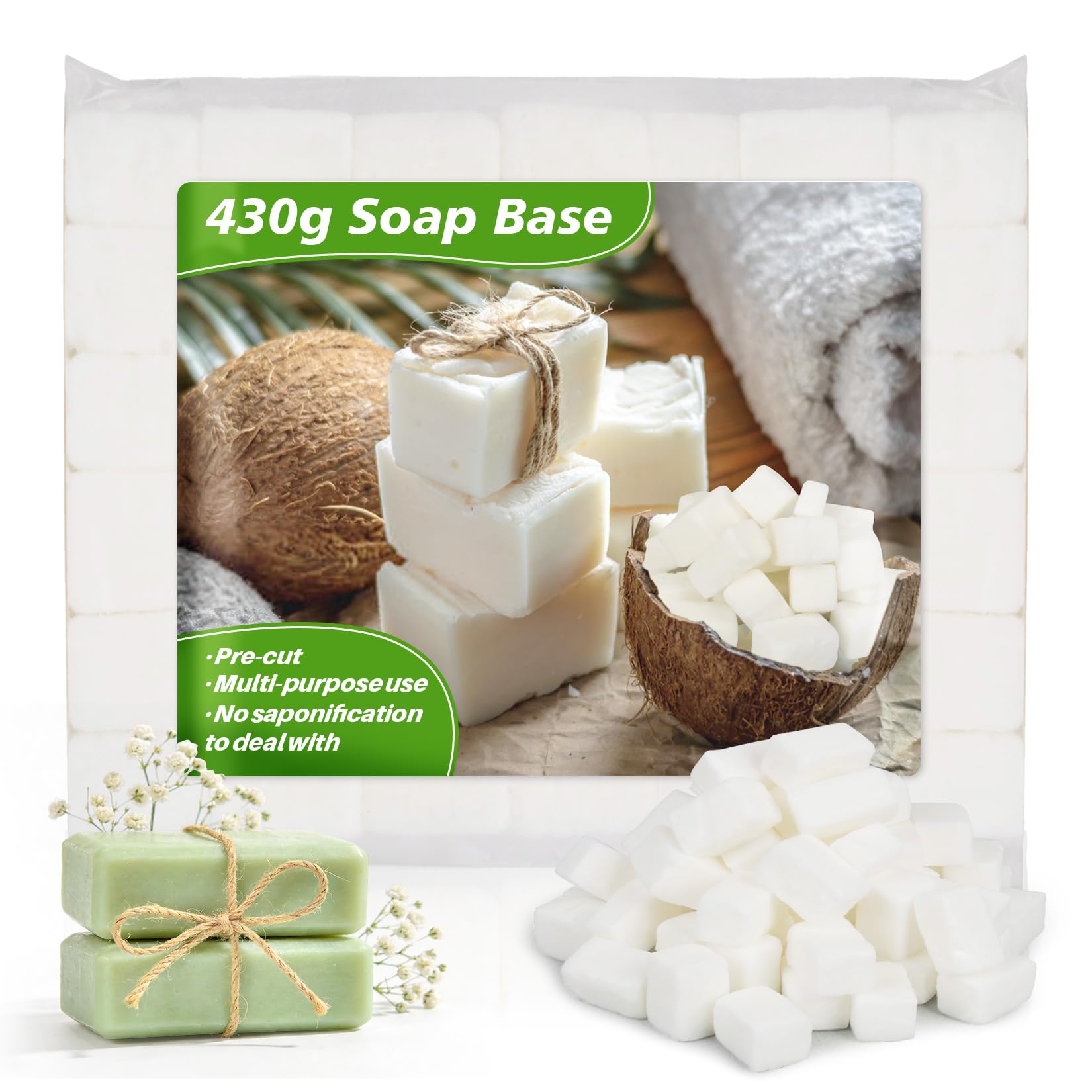 Sukh Glycerin Soap Base For Soap-Making - White Glycerin Soap Base, Pre-Cut Cubes Soap for Soap Making,Moisturizing,Melt and Pour Soap Base for Crafting,DIY Handmade Soap Making Supplies 430 g