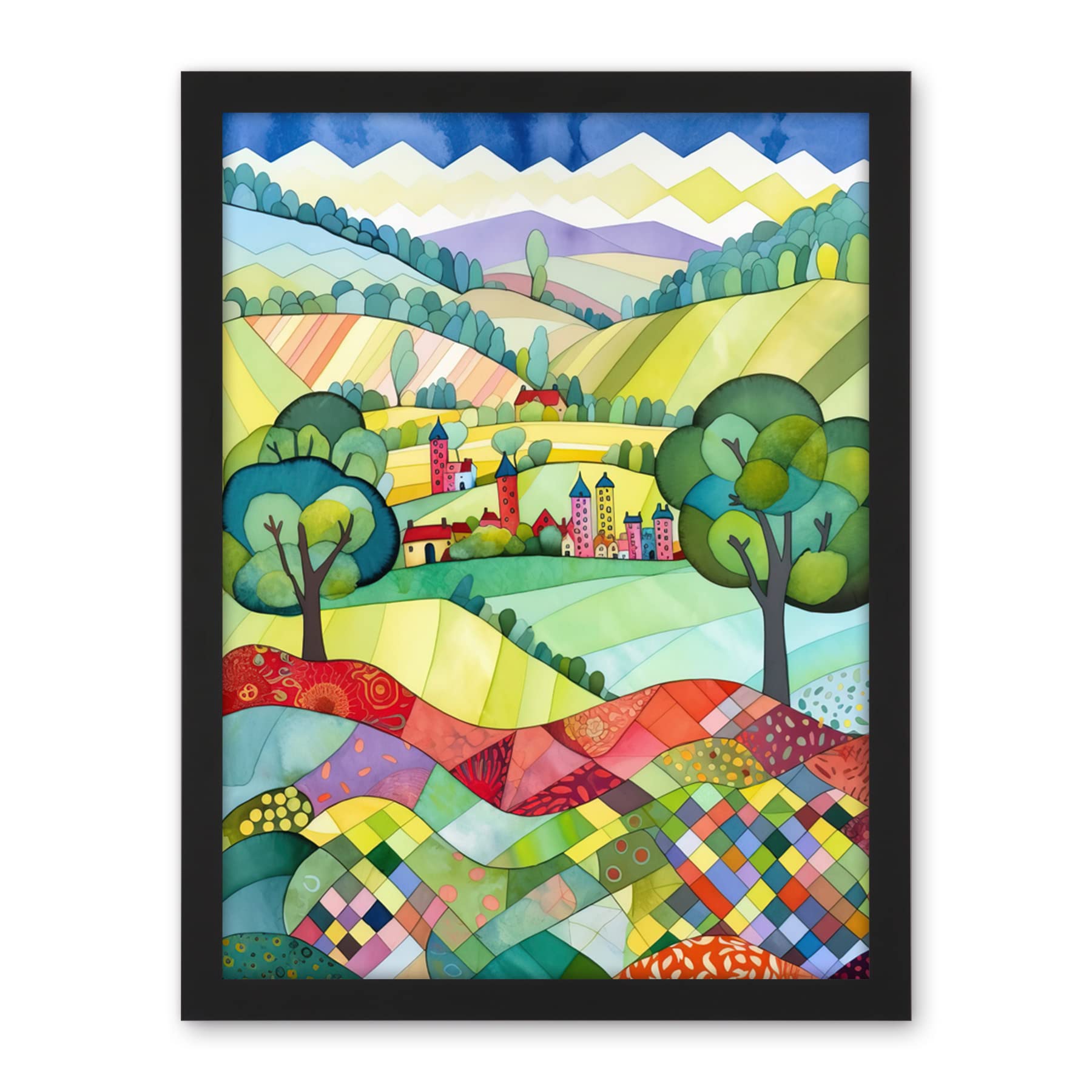 Artery8 English Countryside Rural Landscape Folk Art Watercolour Painting Artwork Framed Wall Art Print 18X24 Inch