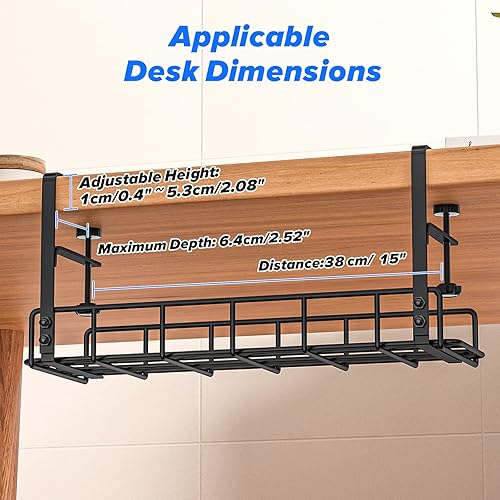 Miniatura 6 de Bandeja de gestión de cables debajo del escritorio, paquete de 2, abrazadera de brazo largo mejorada, hacia dentro o hacia fuera, organizador de