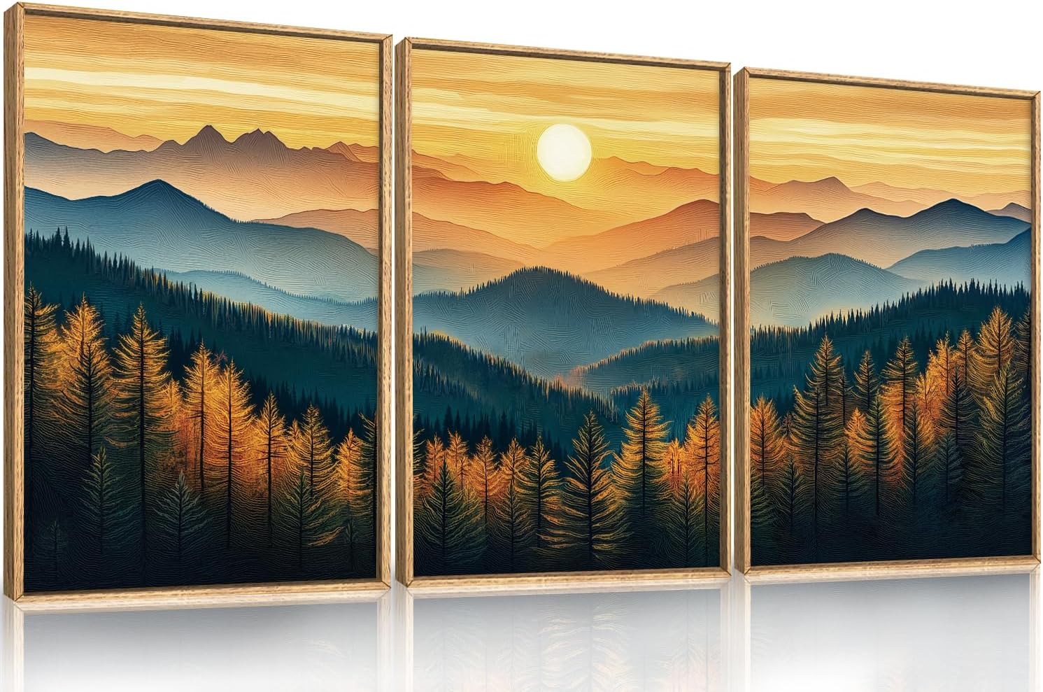 Large Boho Sunrise Mountain Framed Canvas Wall Art,Abstract Nature Forest Wall Decor,Foggy Pine Tree Painting,Retro Landscape Artwork for Living Room,Bedroom,Dining Room,Office -16"x24"x3 Boho Mountain Wall Art 24"L x 16"W