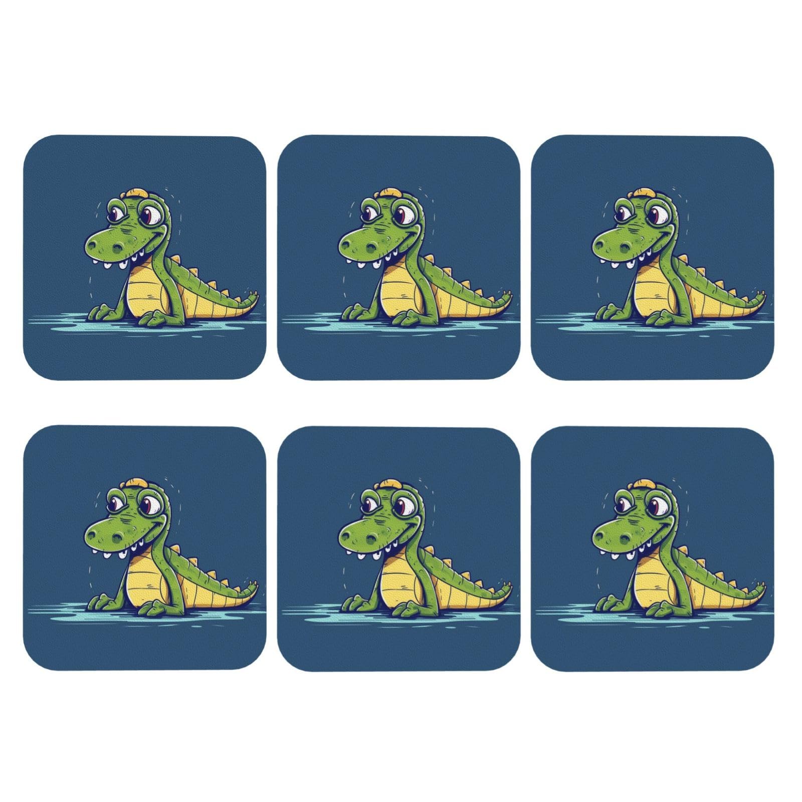 6pcs Leather Coasters for Drinks, Cartoon Crocodile Drink Coasters for Tabletop Protection, 4" Cup Coasters for Coffee Table Decor, Non-Slip Drinking Cup Mat for Hot Or Cold Drink